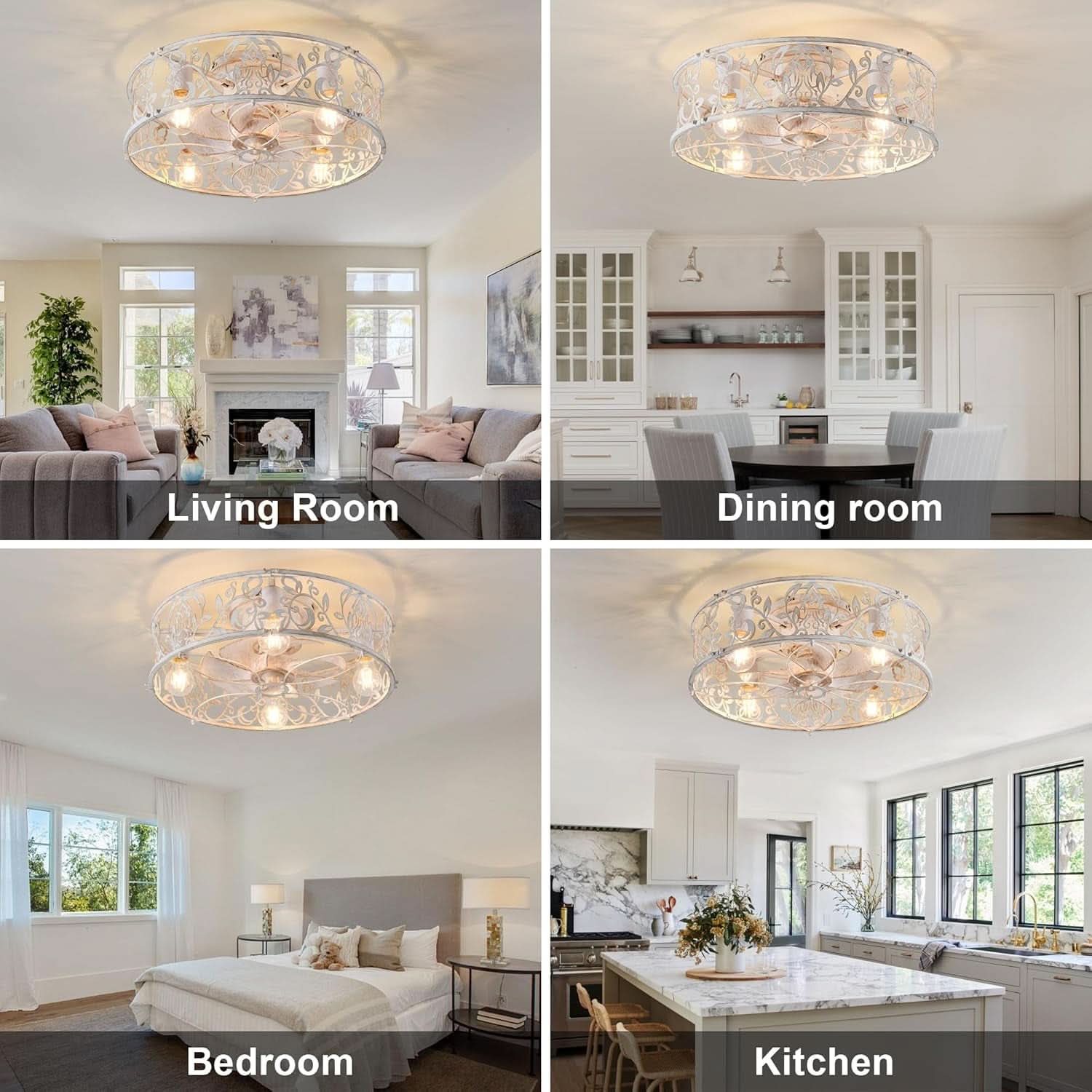 20 Inch Caged Ceiling Fan With Light White Gold Remote