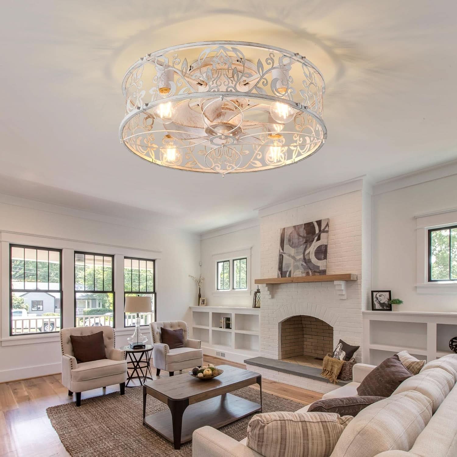 20 Inch Caged Ceiling Fan With Light White Gold Remote