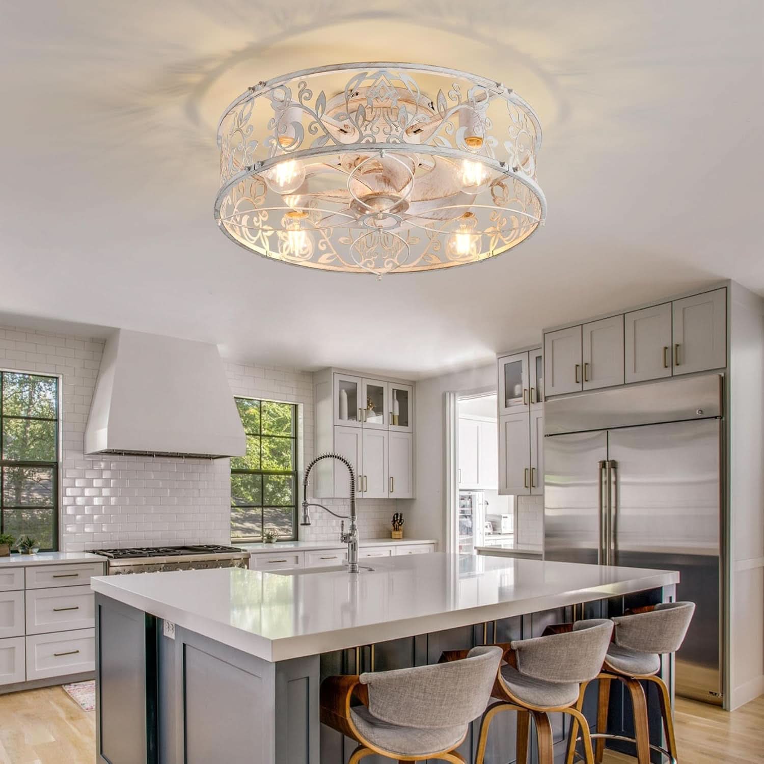 20 Inch Caged Ceiling Fan With Light White Gold Remote