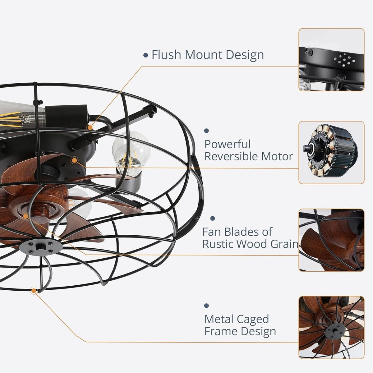 20 Inch Caged Industrial Ceiling Fan With Remote Control And Dimmable LED Lighting