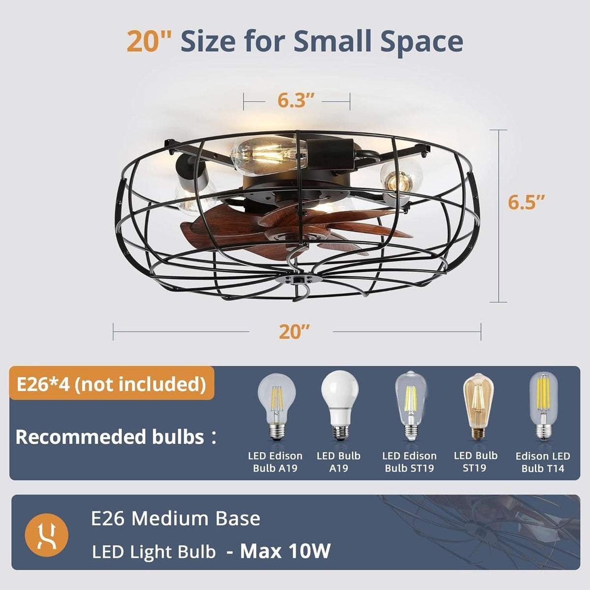 20 Inch Caged Industrial Ceiling Fan With Remote Control And Dimmable LED Lighting