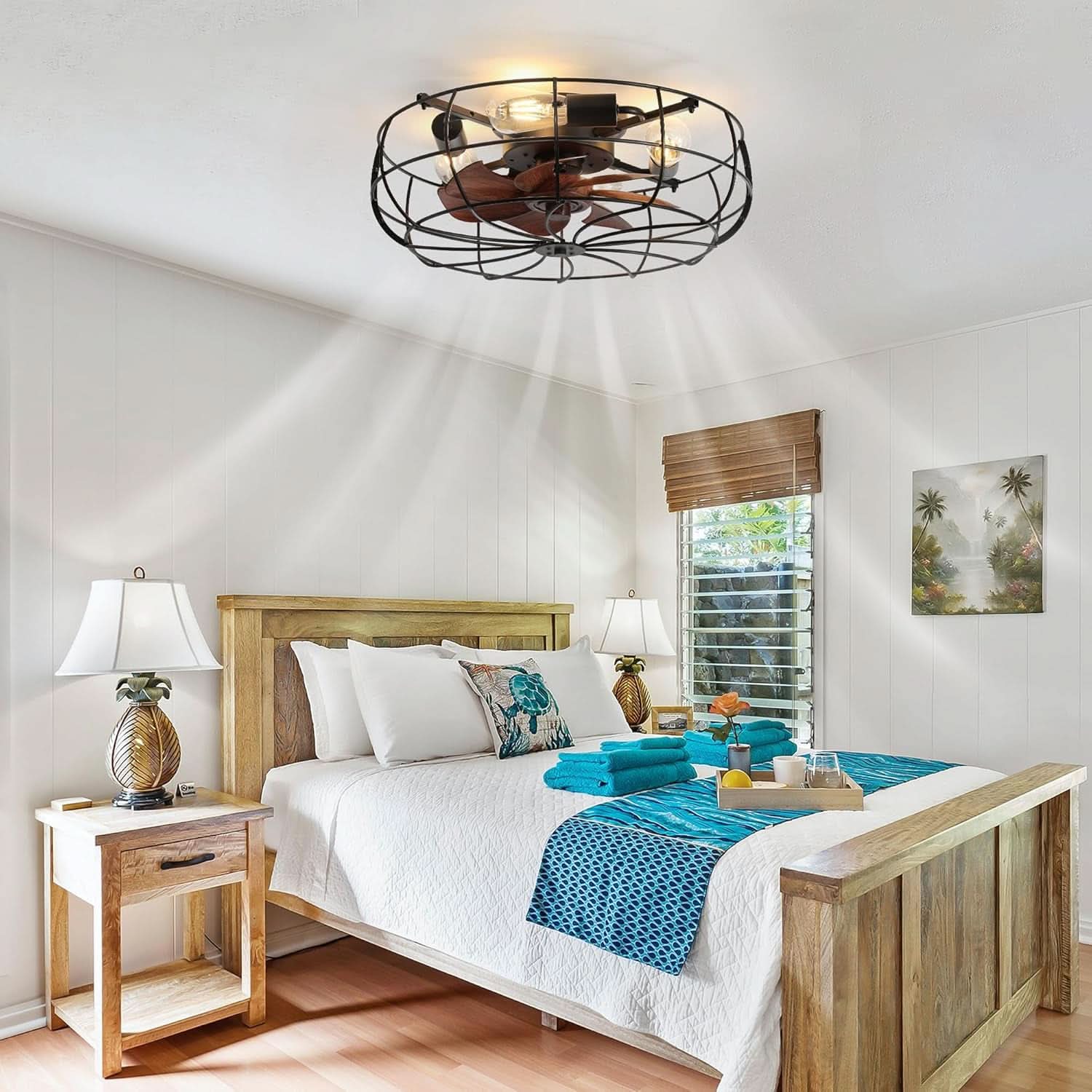 20 Inch Caged Industrial Ceiling Fan With Remote Control And Dimmable LED Lighting