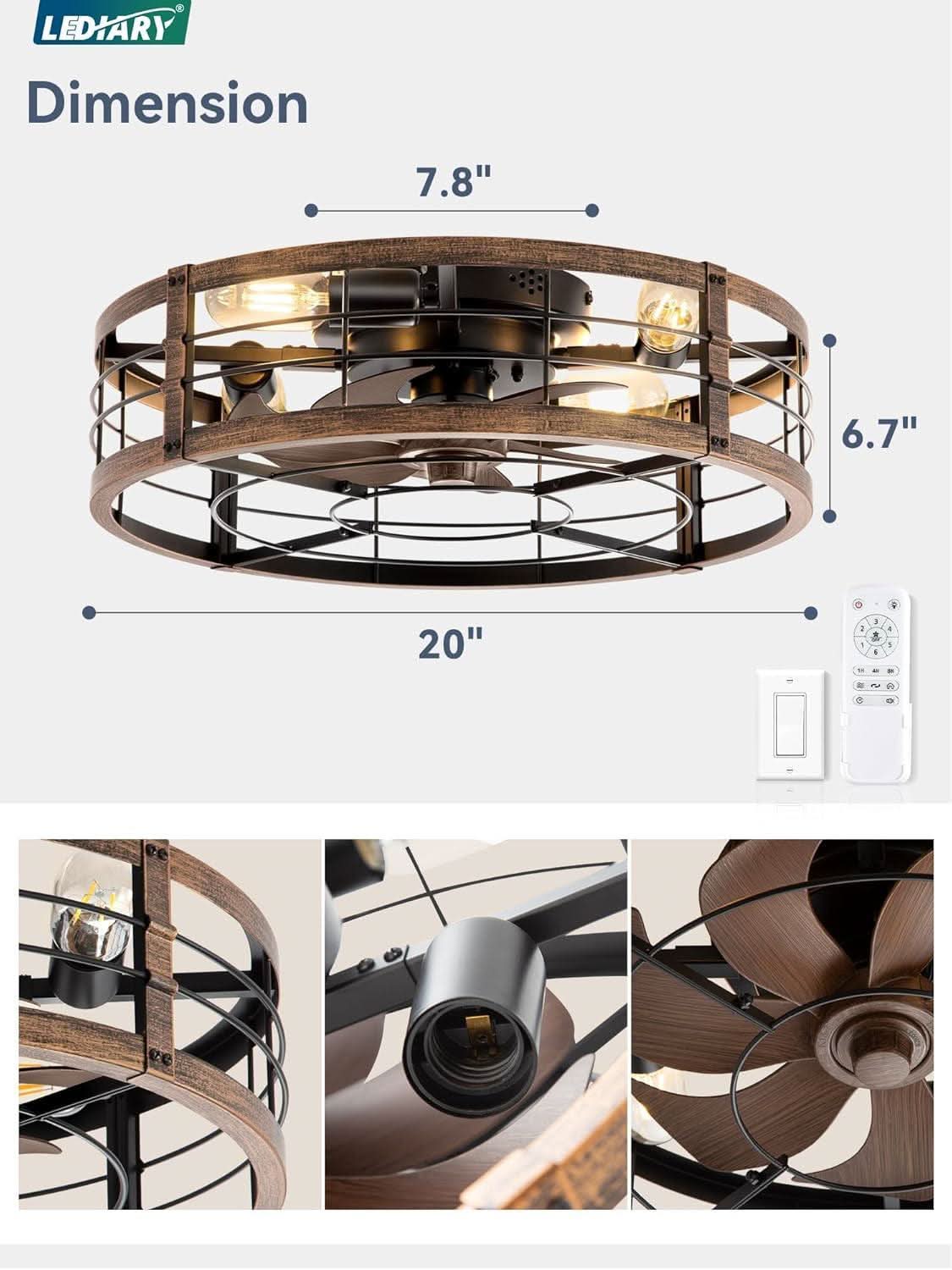 20 Inch Farmhouse Enclosed Ceiling Fan With Integrated LED Remote For Bedroom Kitchen Patio