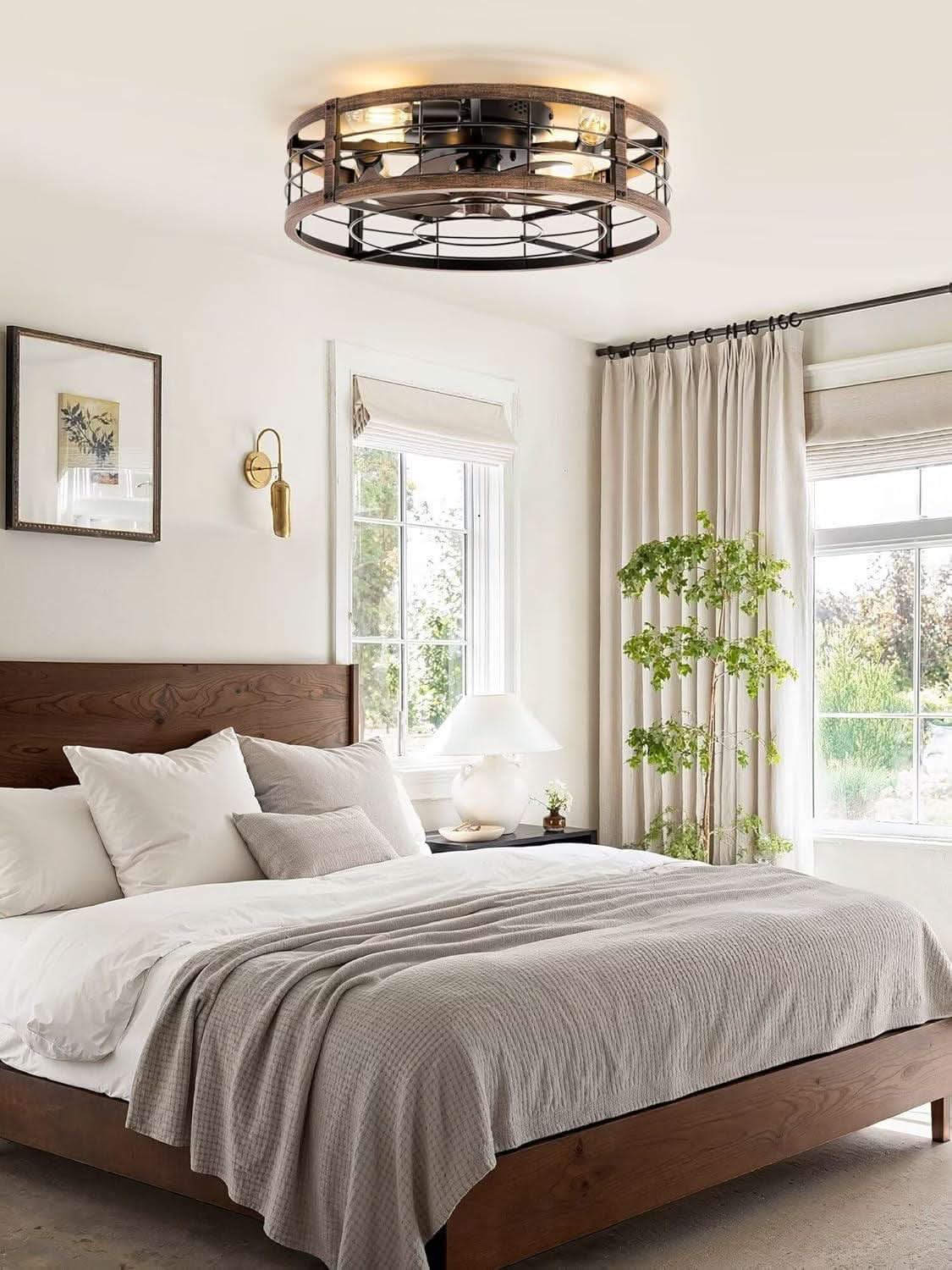 20 Inch Farmhouse Enclosed Ceiling Fan With Integrated LED Remote For Bedroom Kitchen Patio
