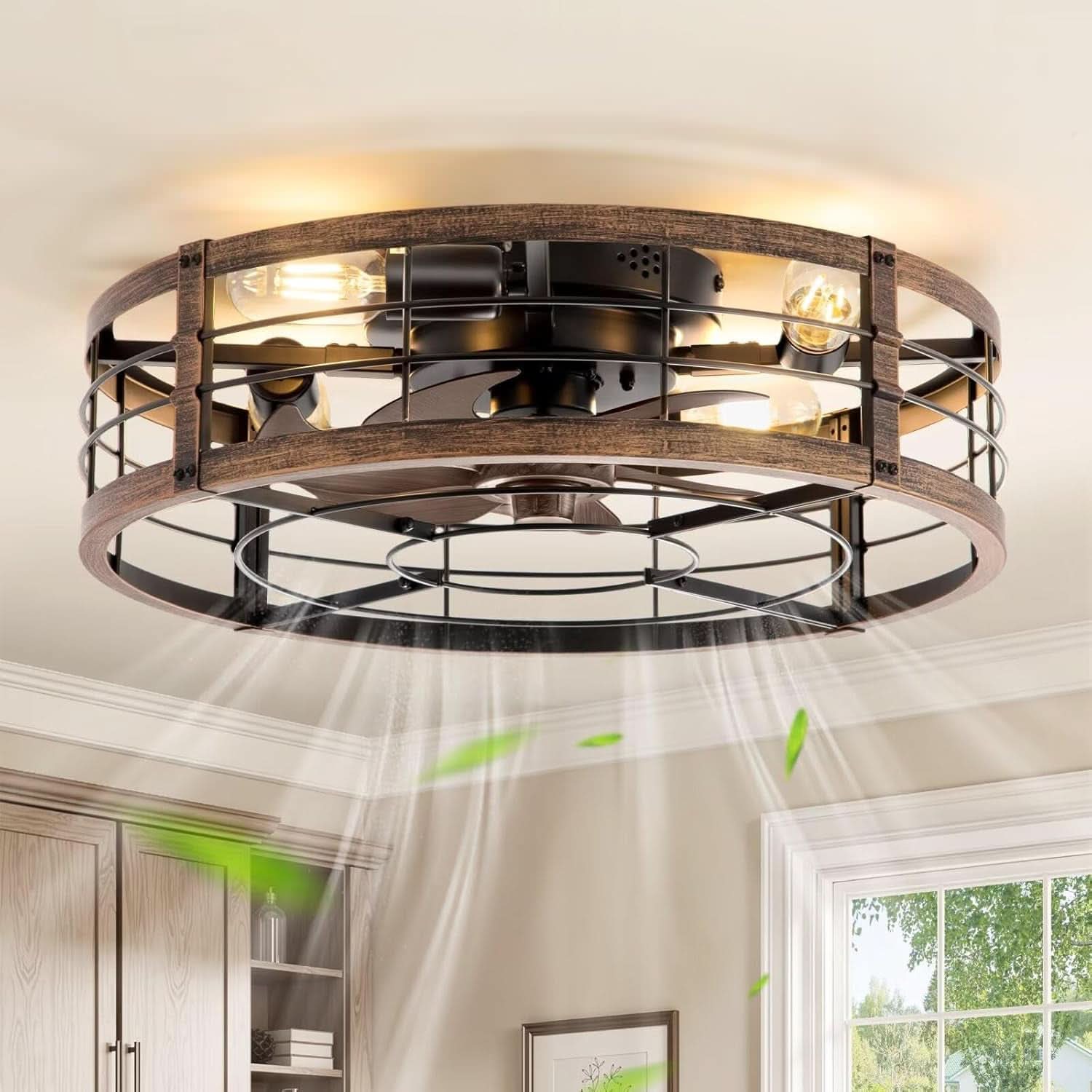 20 Inch Farmhouse Enclosed Ceiling Fan With Integrated LED Remote For Bedroom Kitchen Patio
