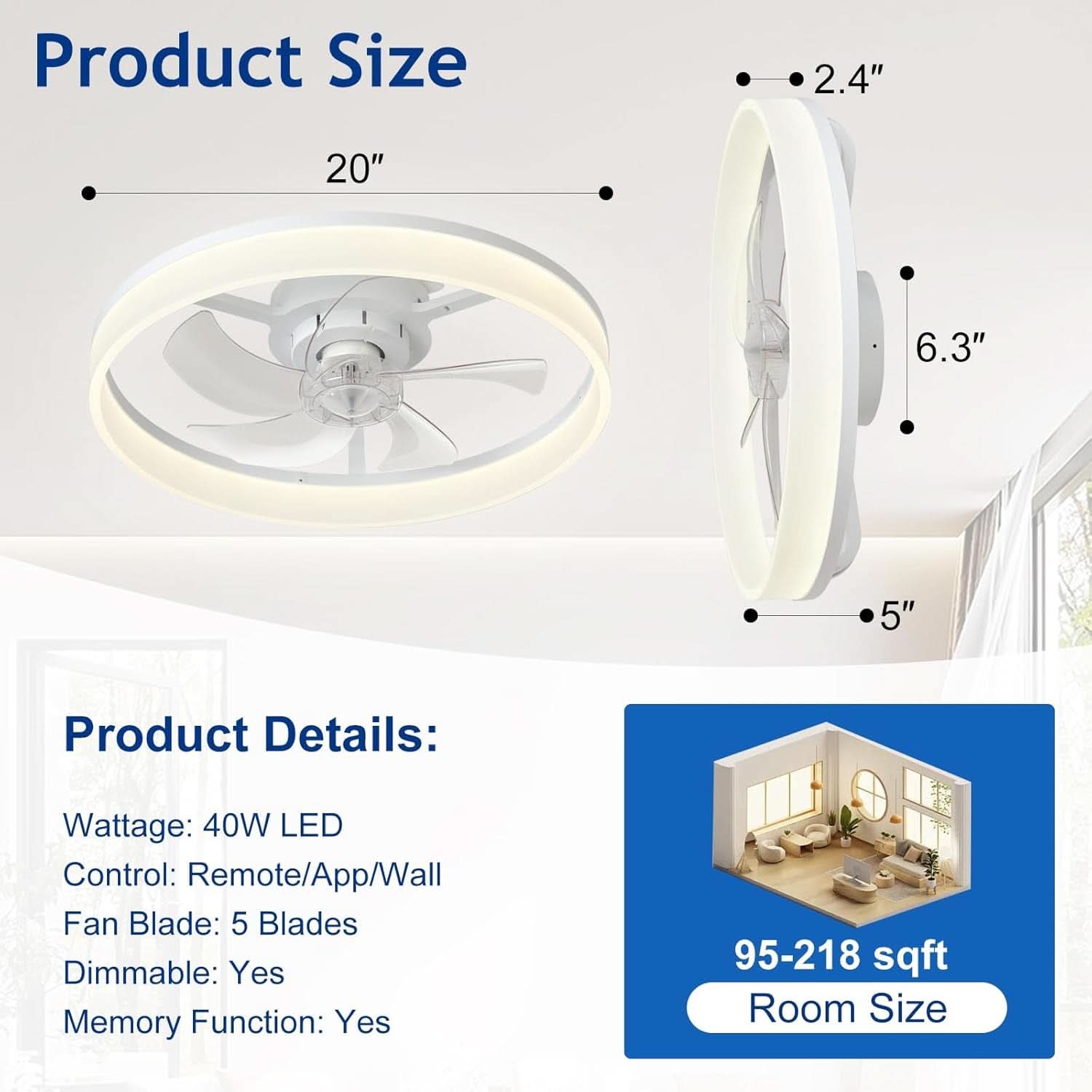 20 Inch Flush Mount Ceiling Fan With Light And DC Motor