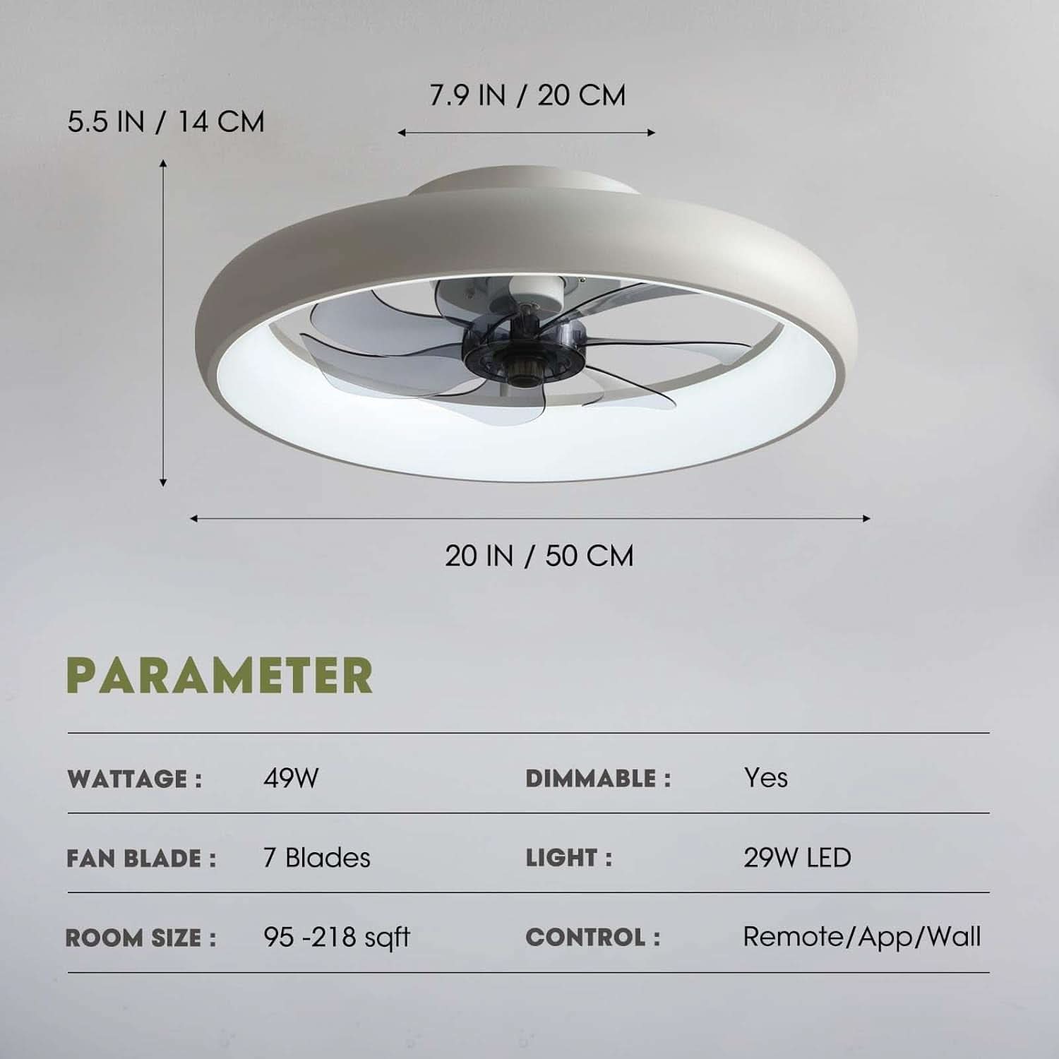 20 Inch Flush Mount Ceiling Fan With Lights Remote White Dimmable LED
