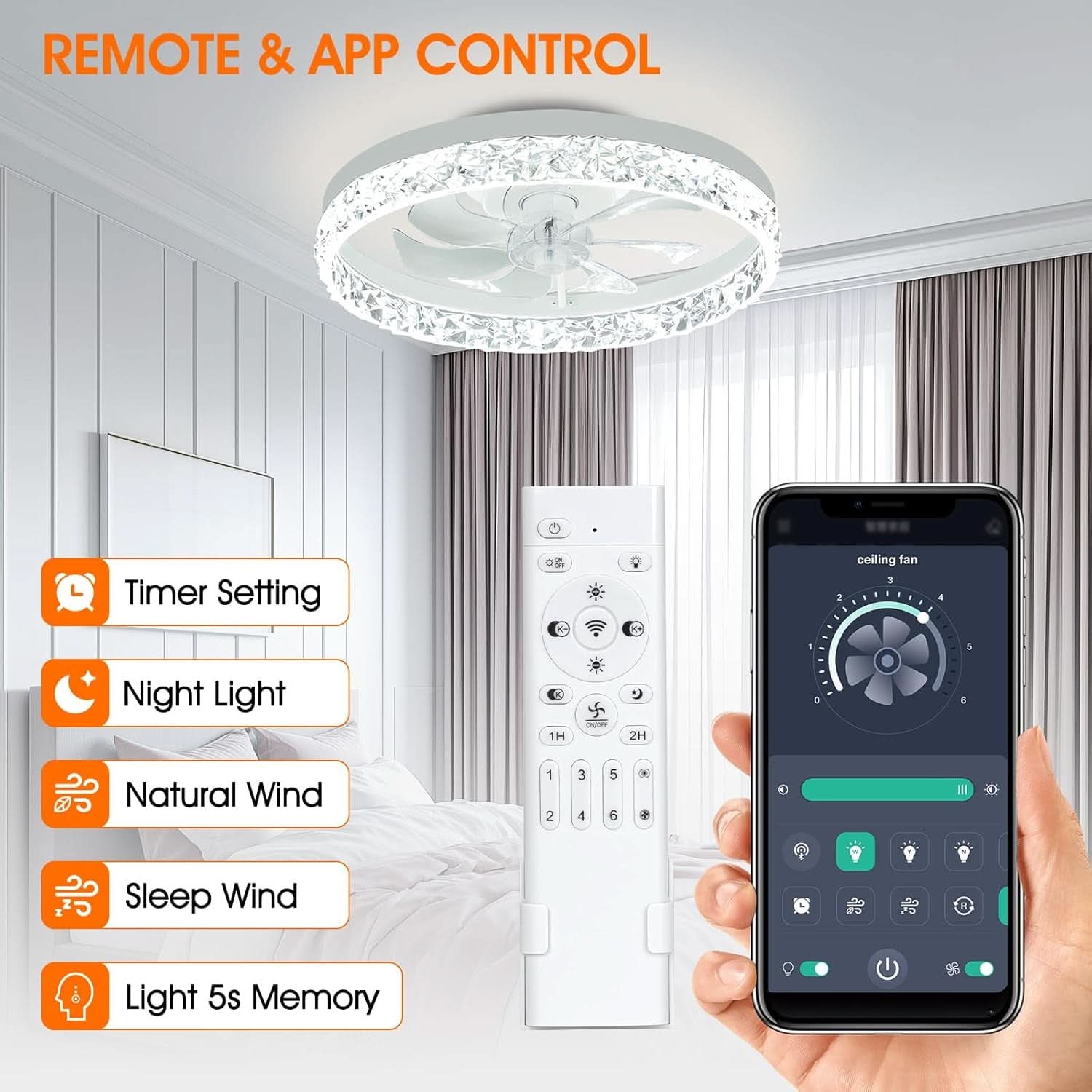 20 Inch Low Profile Ceiling Fan With Dimmable LED Lights