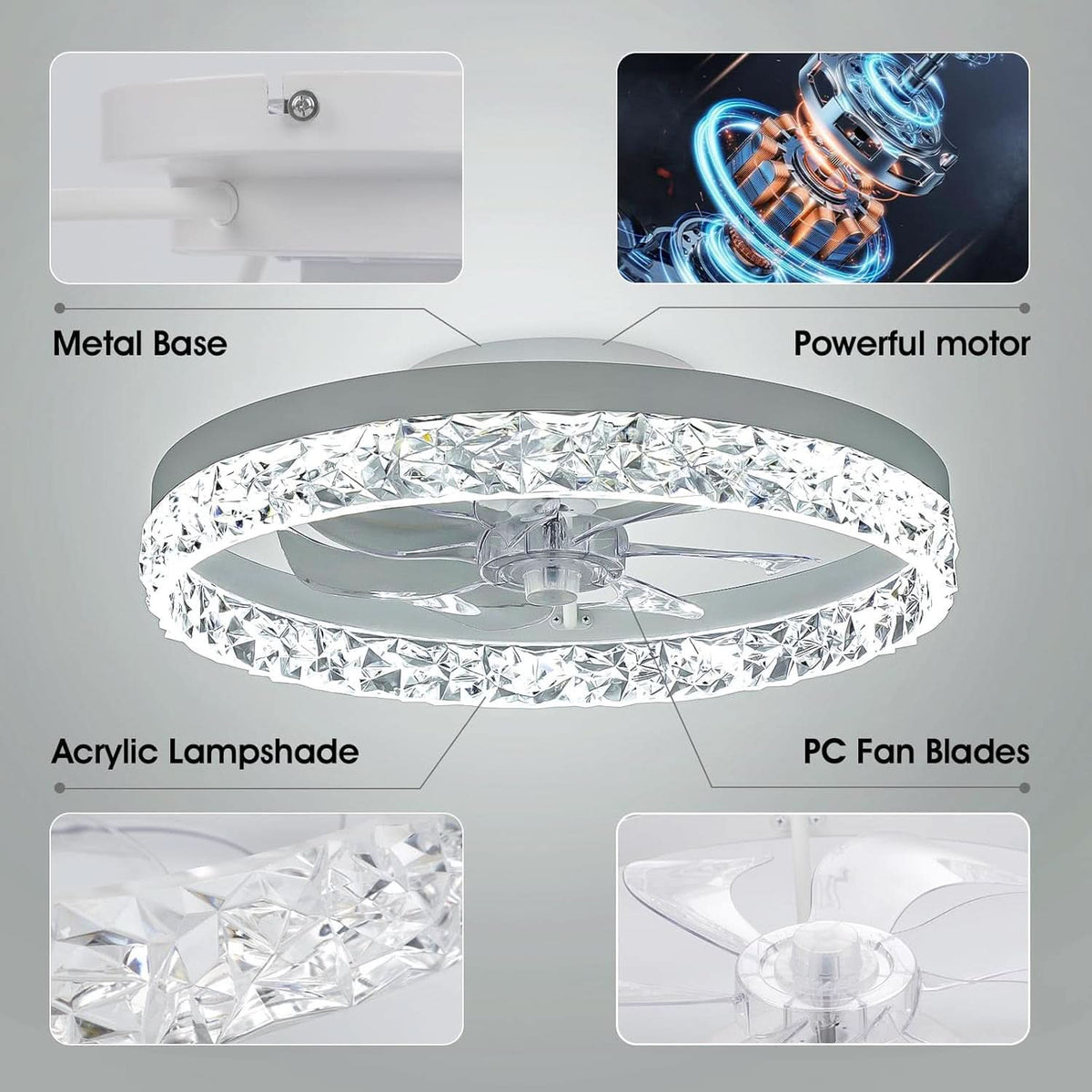 20 Inch Low Profile Ceiling Fan With Dimmable LED Lights