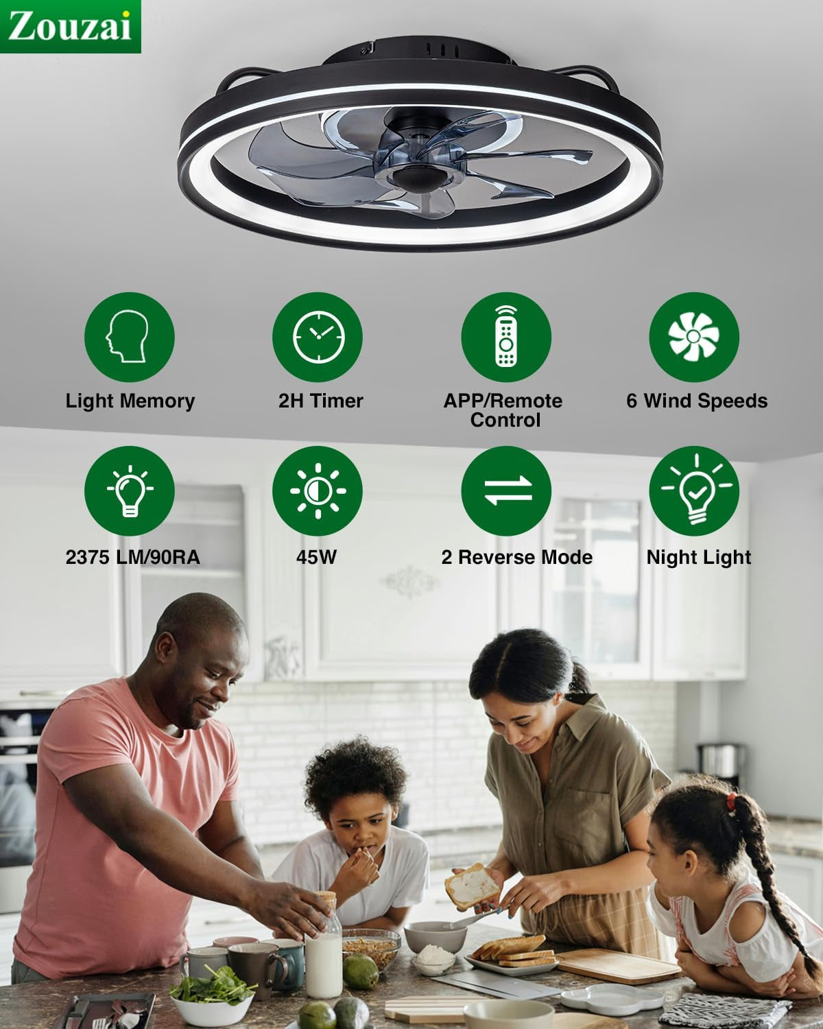 20-Inch Low-Profile Ceiling Fan With Dimmable LED Lights