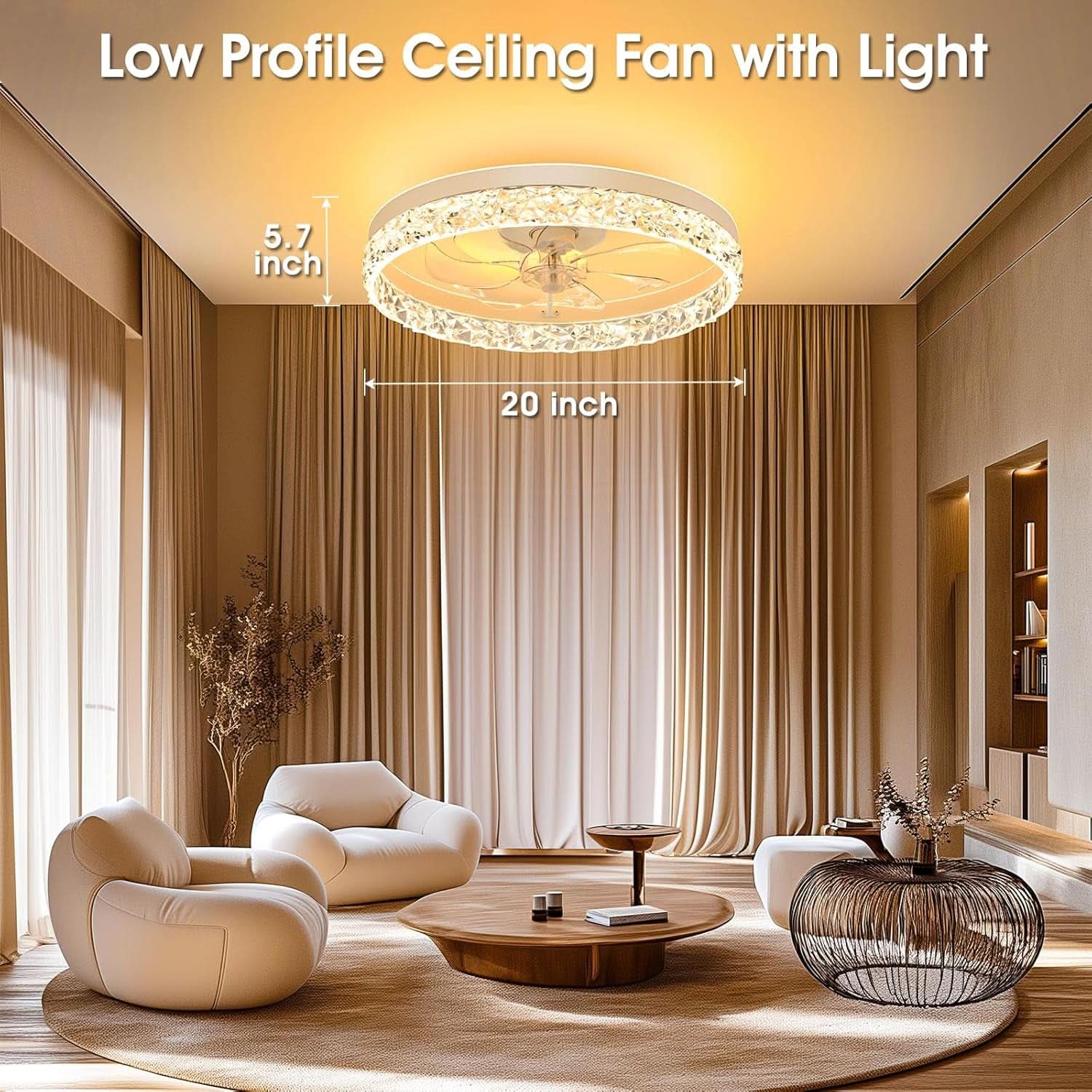 20 Inch Low Profile Ceiling Fan With Dimmable LED Lights