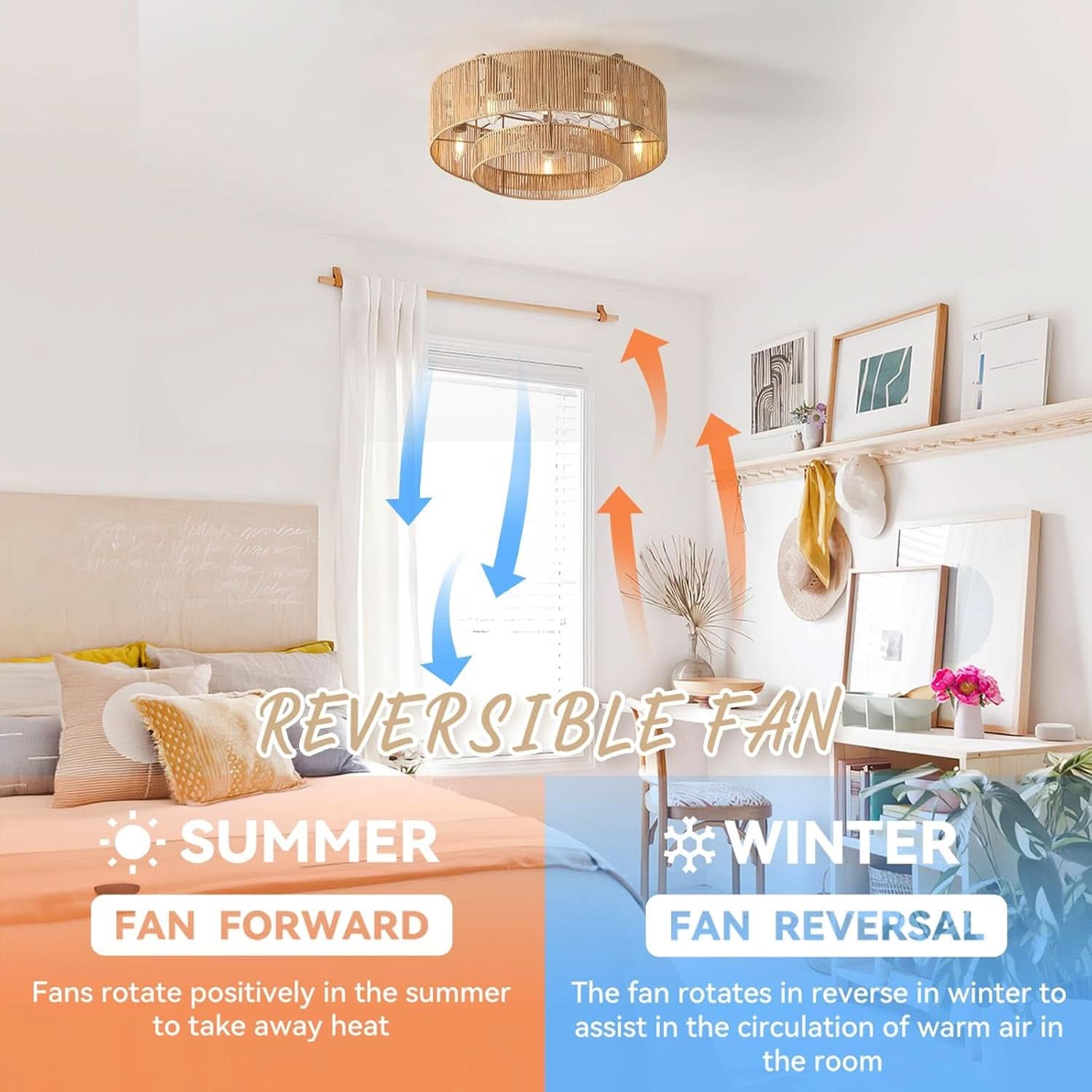20 Inch Rattan Boho Ceiling Fan With Integrated LED Light