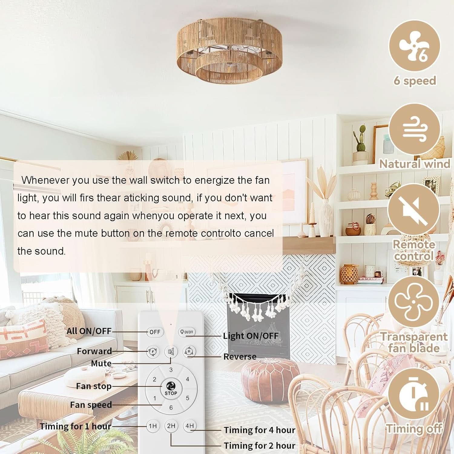 20 Inch Rattan Boho Ceiling Fan With Integrated LED Light