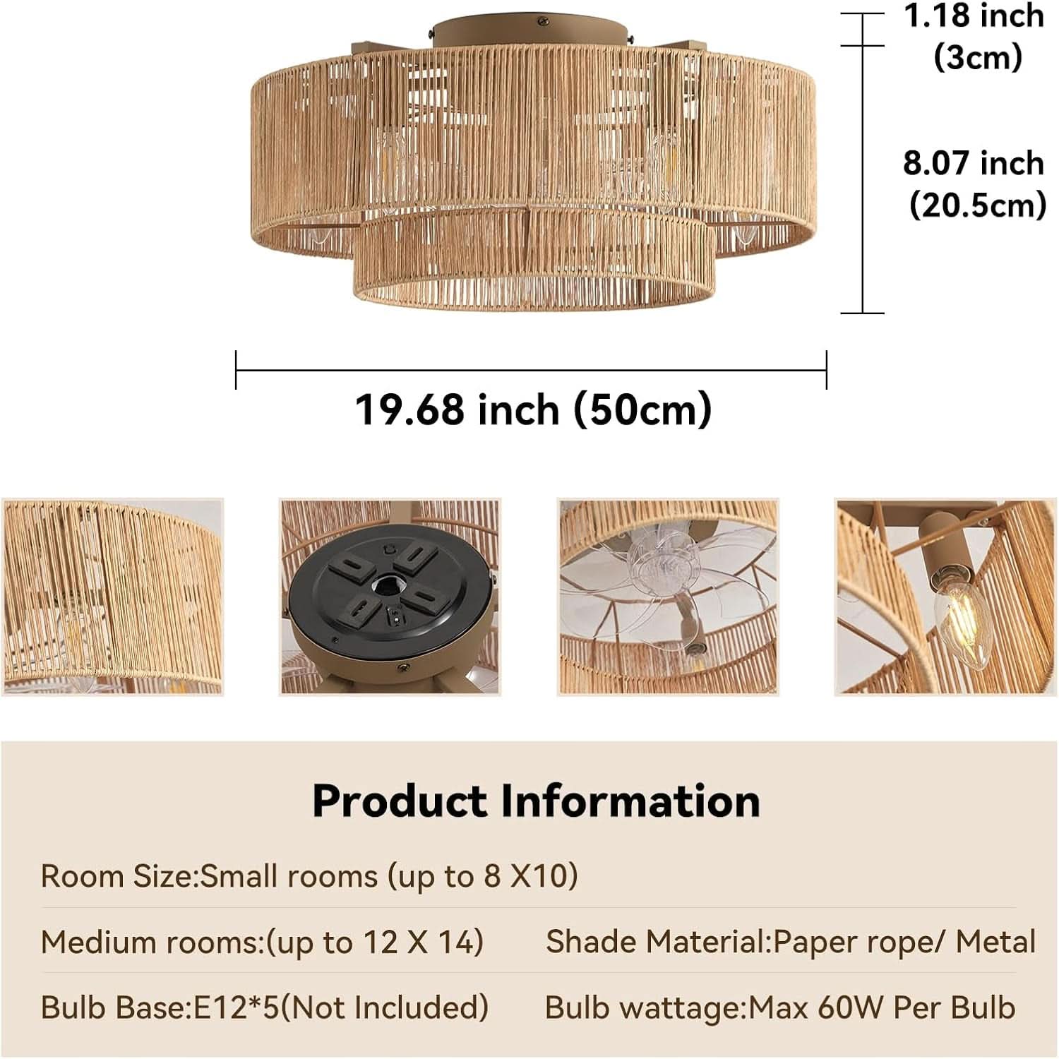 20 Inch Rattan Boho Ceiling Fan With Integrated LED Light