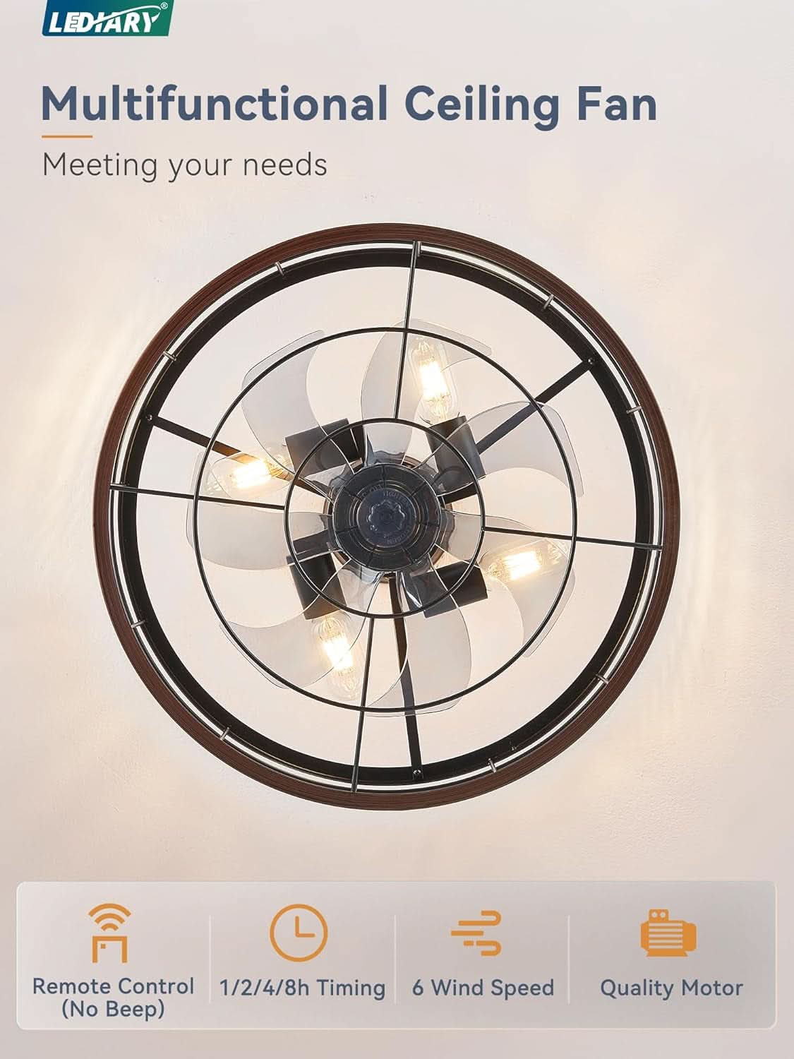 20 Inch Walnut Caged Fandelier Ceiling Fan With Light And Remote Control 6 Speeds With Timing