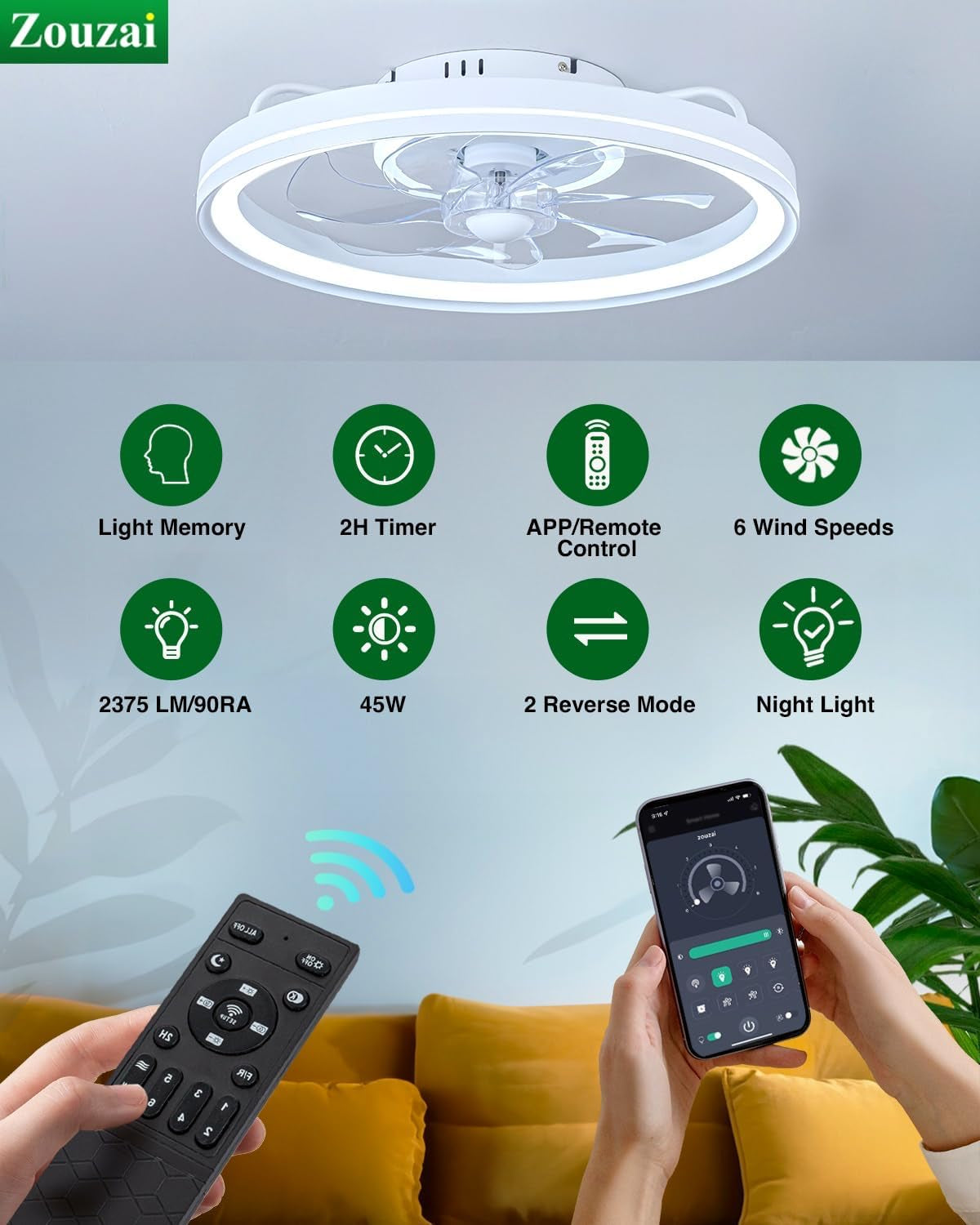20 Inch White Low Profile Ceiling Fan With Dimmable LED