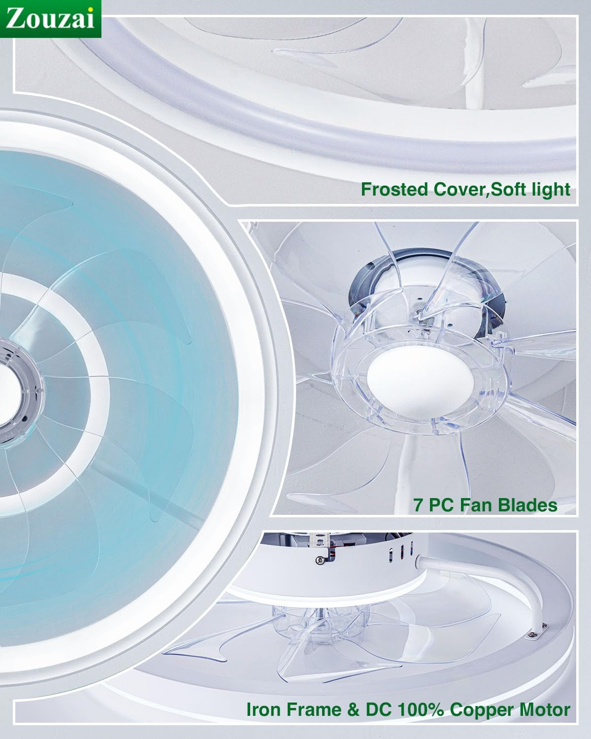 20 Inch White Low Profile Ceiling Fan With Dimmable LED