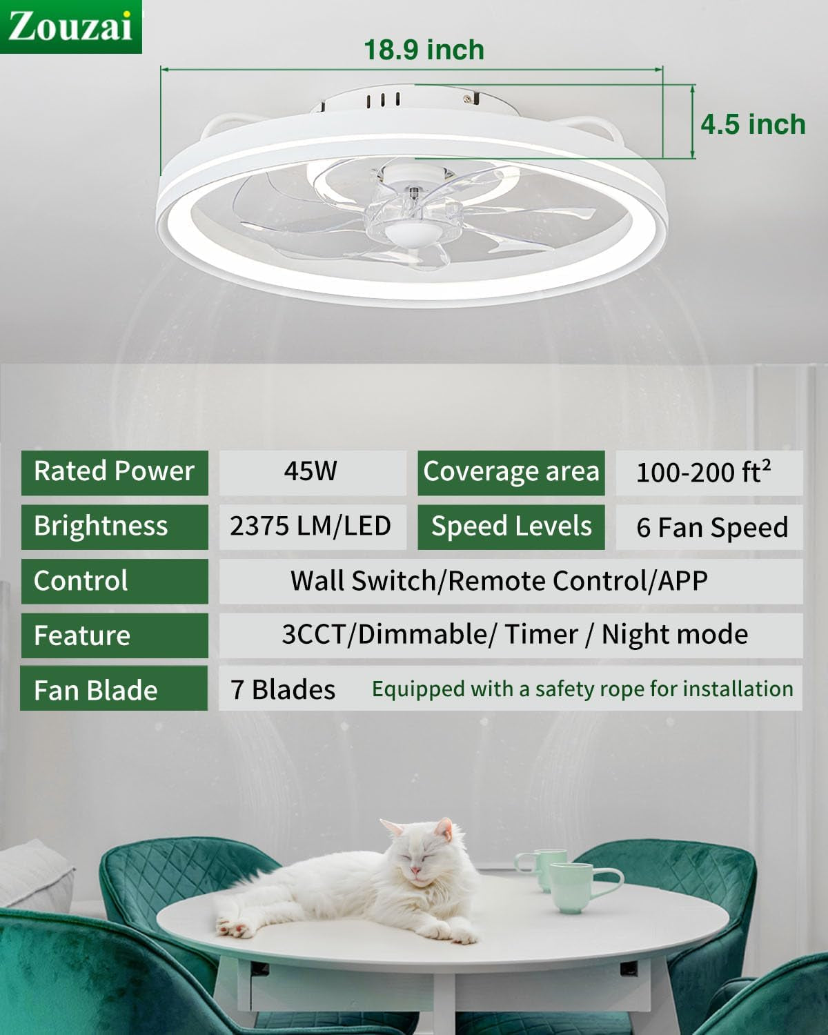 20 Inch White Low Profile Ceiling Fan With Dimmable LED