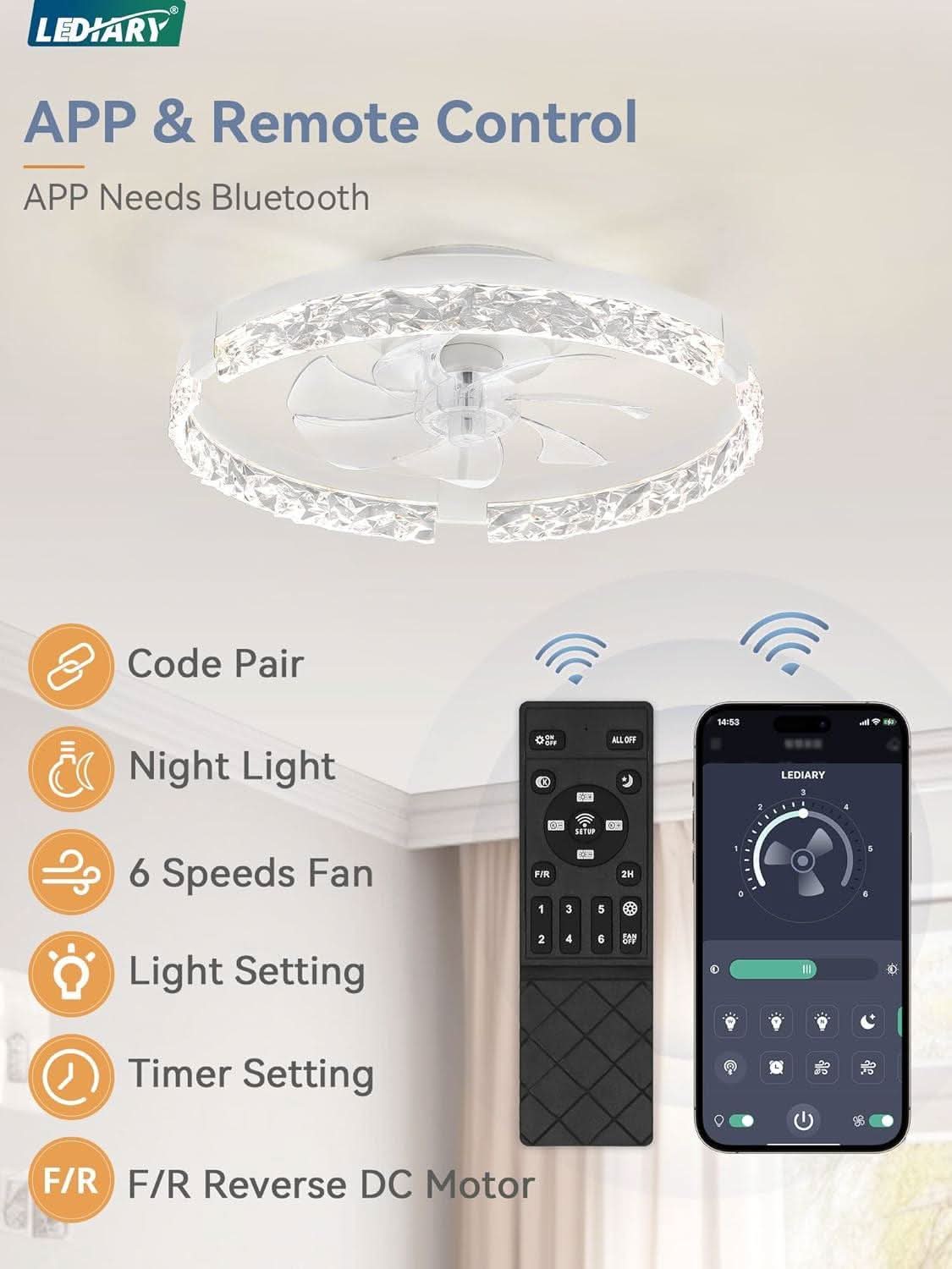 20 Inch White Low Profile Ceiling Fan With Dimmable LED Light Remote Control Flush Mount
