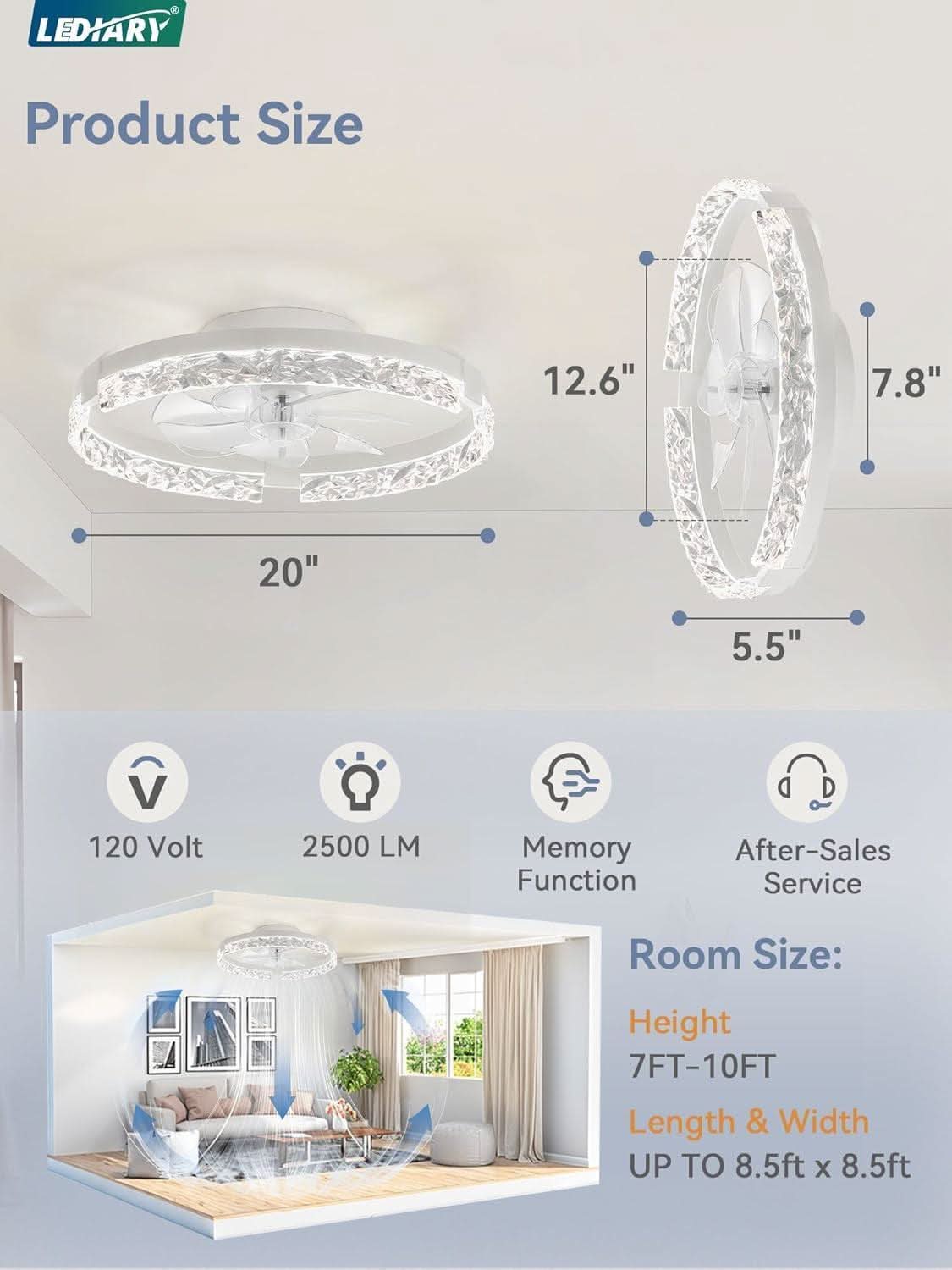 20 Inch White Low Profile Ceiling Fan With Dimmable LED Light Remote Control Flush Mount
