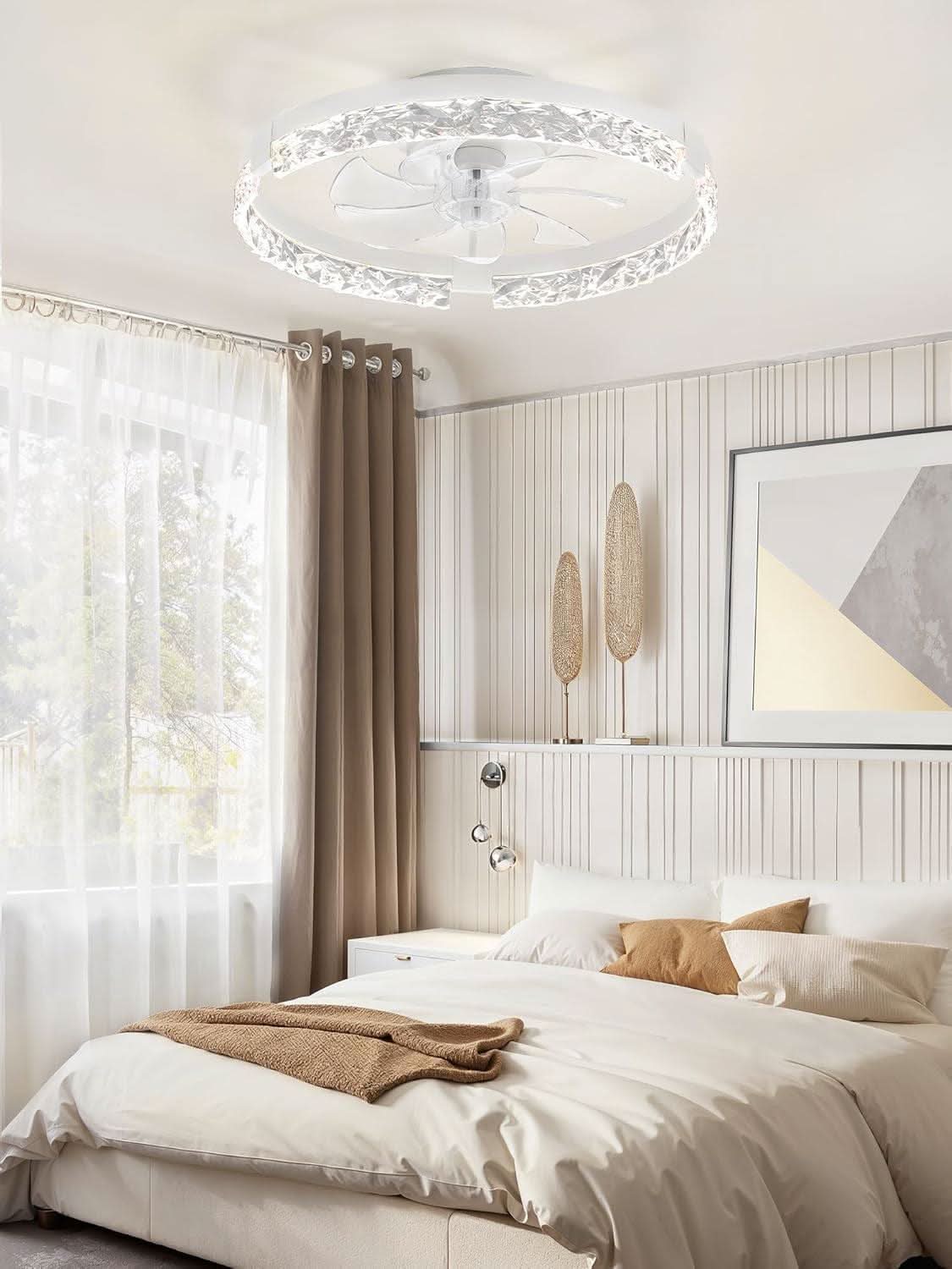 20 Inch White Low Profile Ceiling Fan With Dimmable LED Light Remote Control Flush Mount