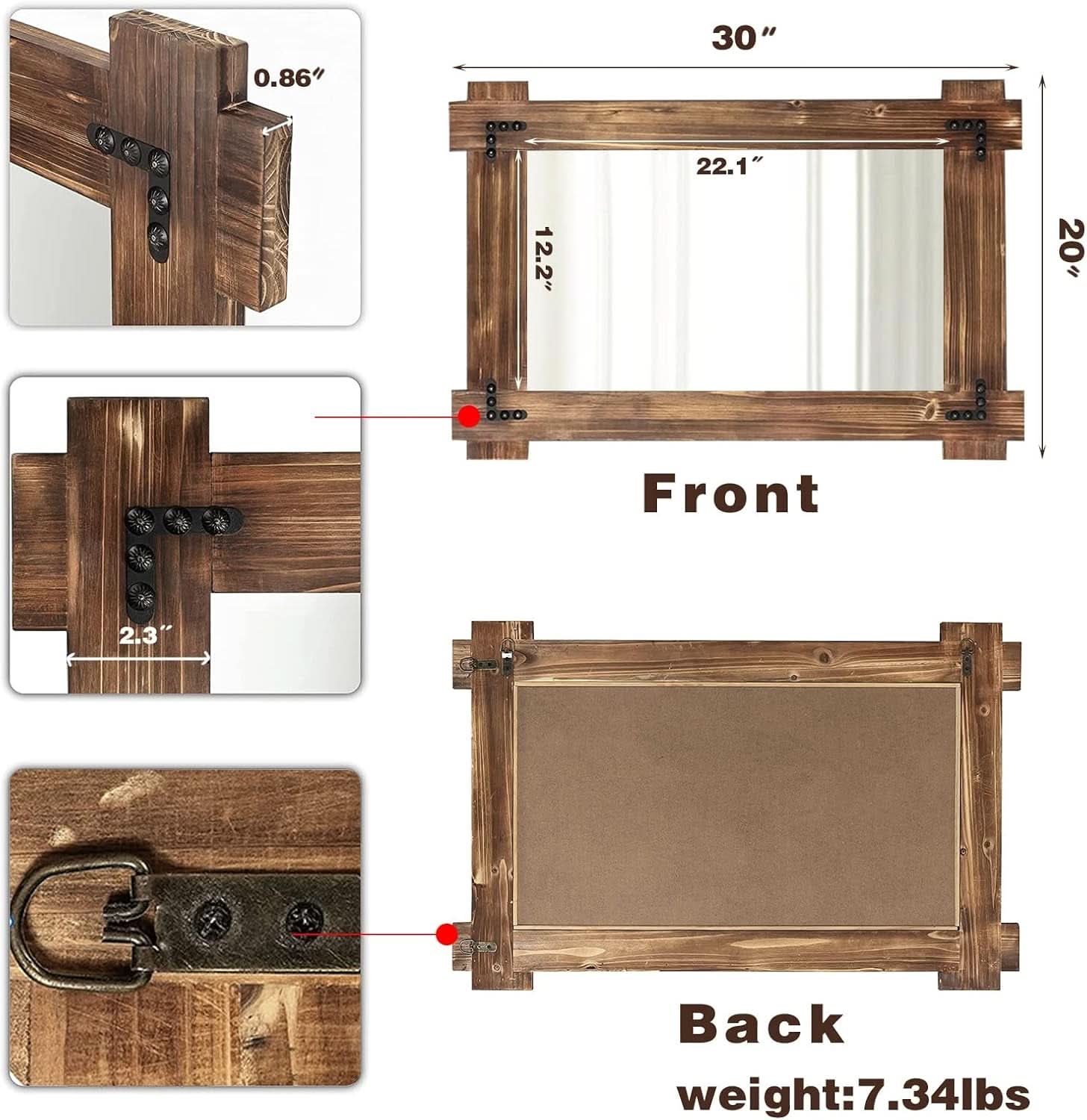 20x30 Rustic Wood Mirror For Bath With Black Metal Accents