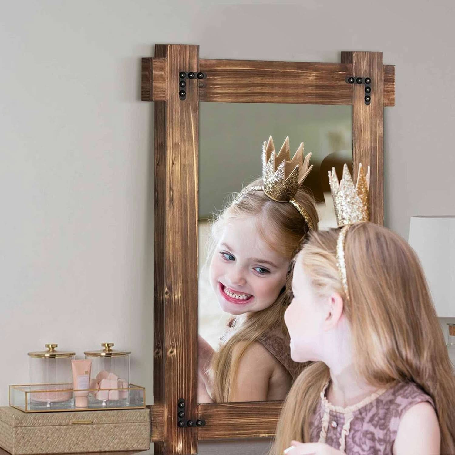 20x30 Rustic Wood Mirror For Bath With Black Metal Accents