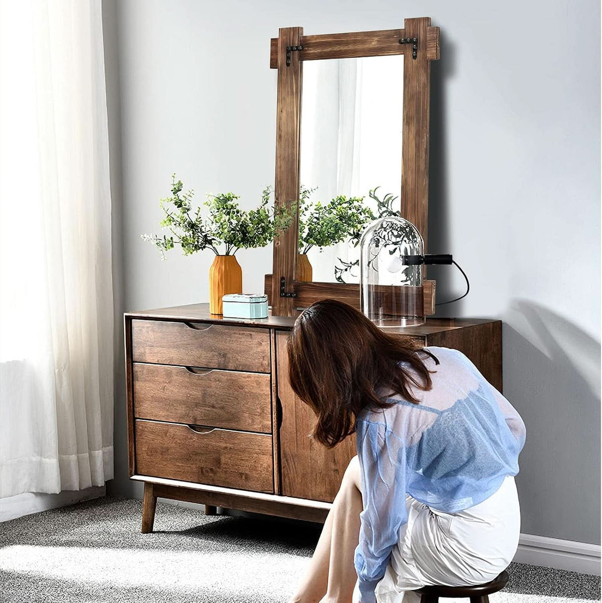 20x30 Rustic Wood Mirror For Bath With Black Metal Accents