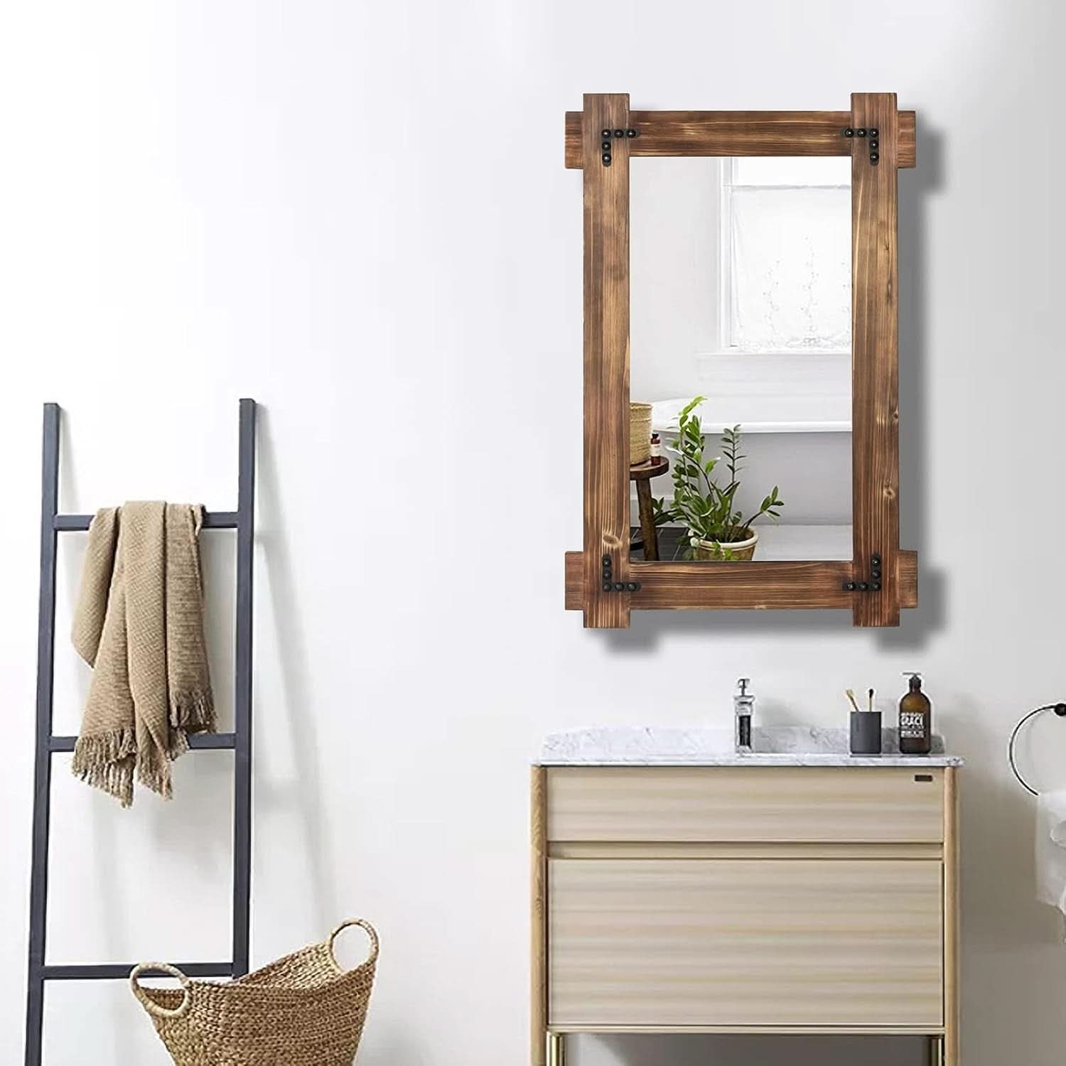 20x30 Rustic Wood Mirror For Bath With Black Metal Accents