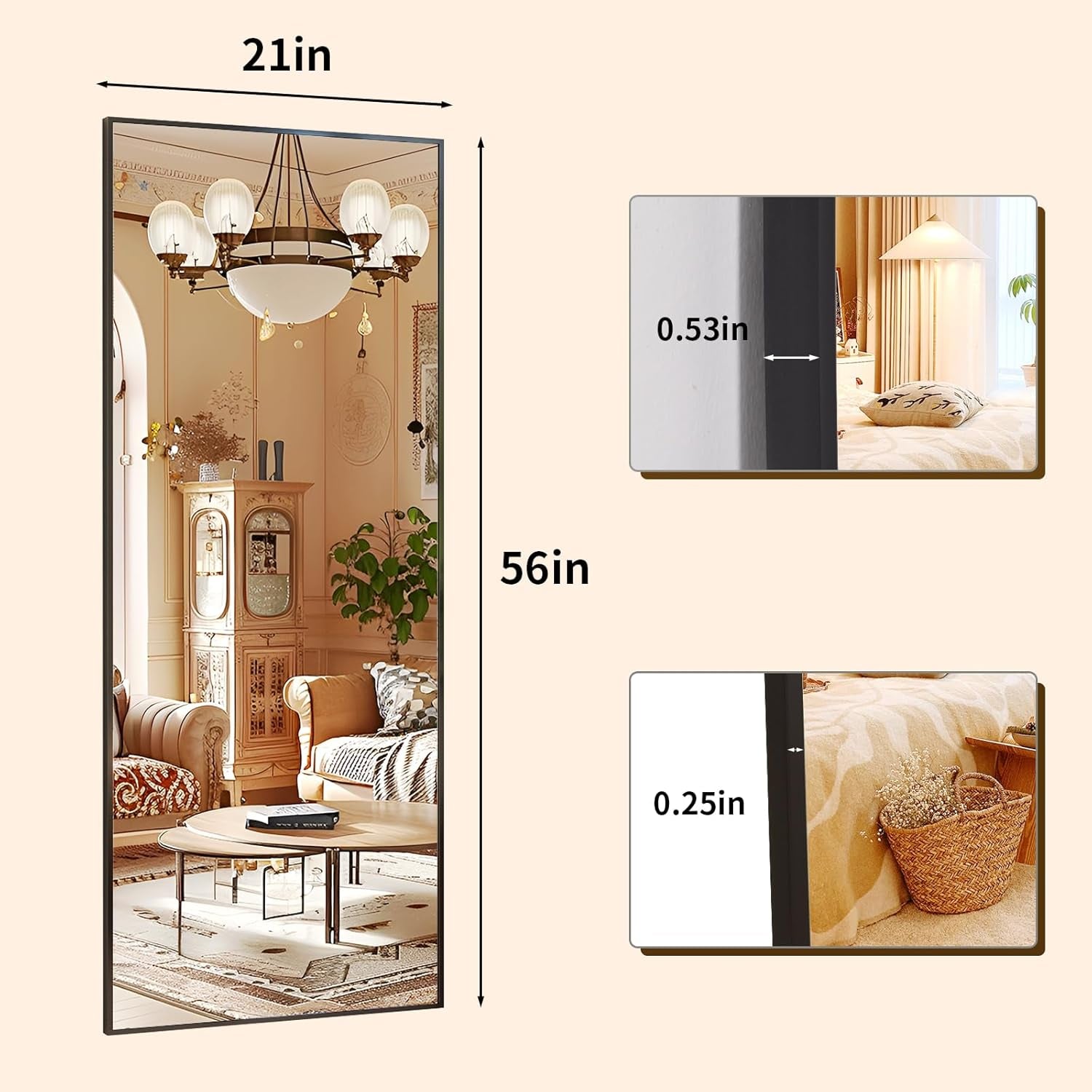 21x56 Inch Full Length Mirror With Black Aluminum Frame