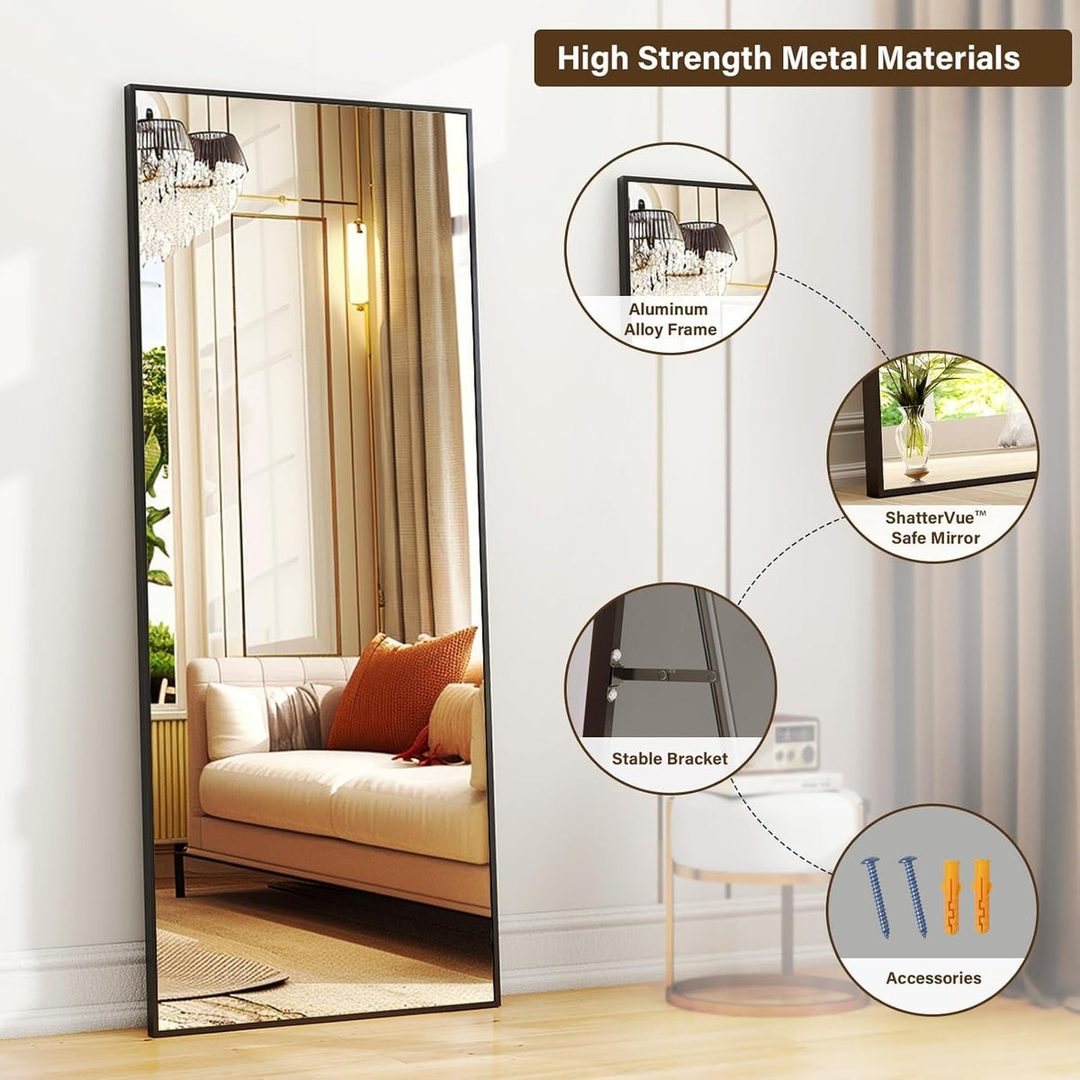 21x56 Inch Full Length Mirror With Black Aluminum Frame