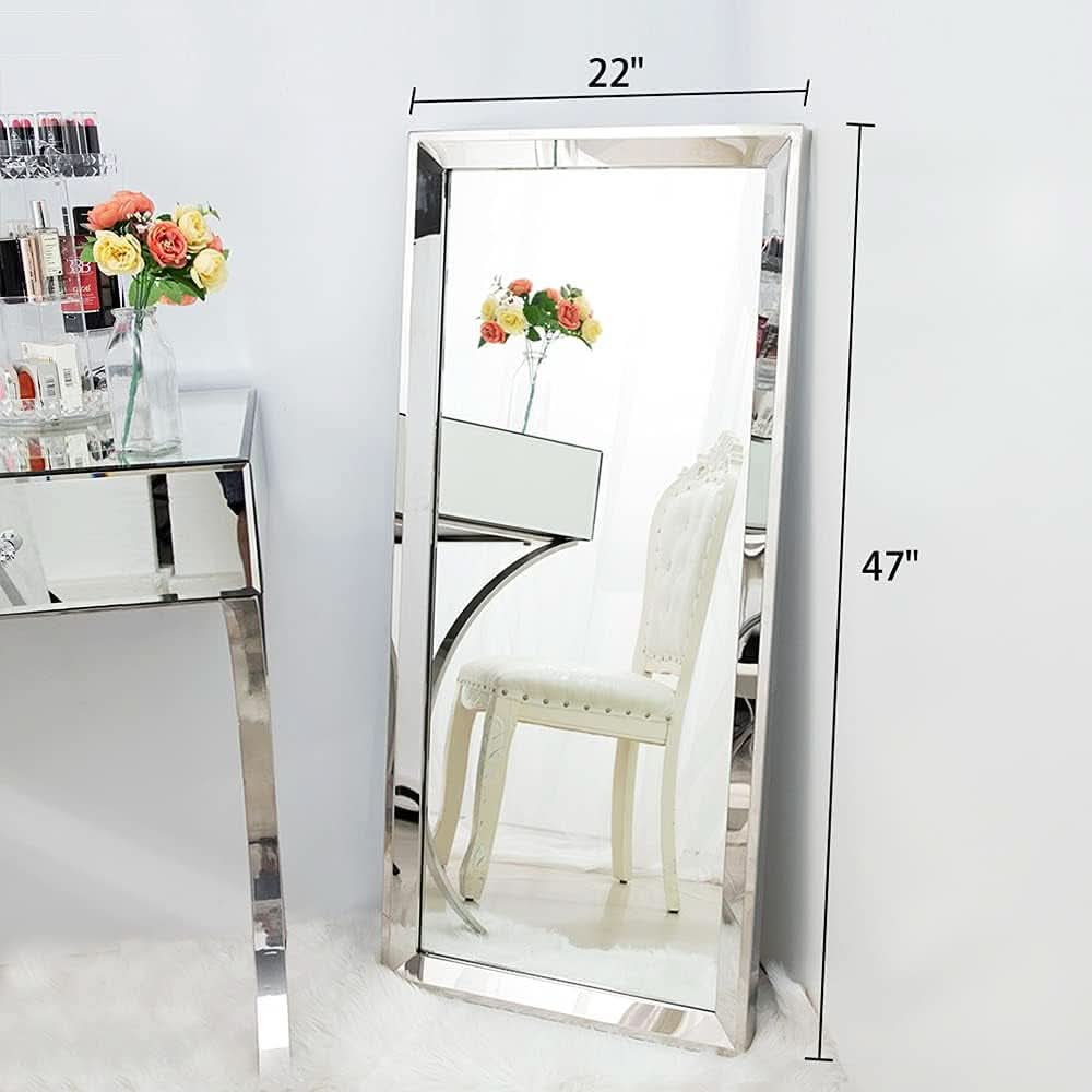 22 Inch By 47 Inch Large Wall Mirror With Angled Beveled Edge And Stainless Steel Frame