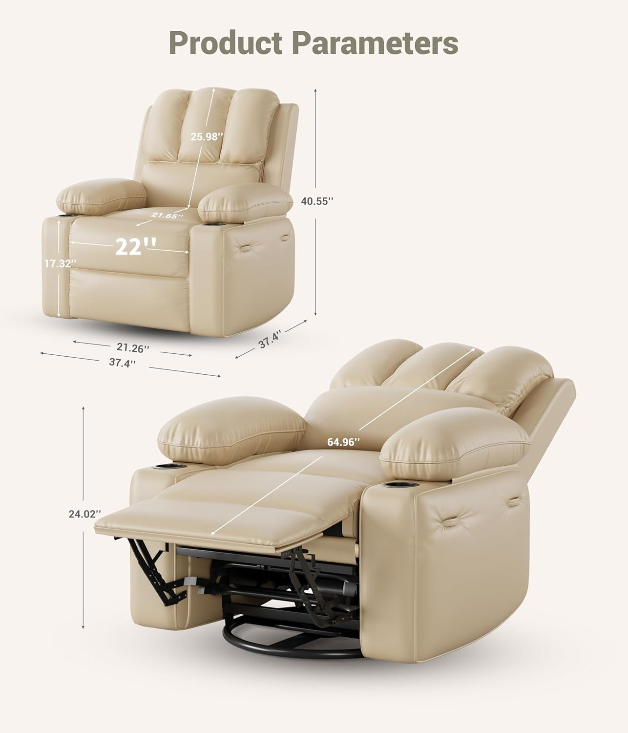 22 Inch Rocker Swivel Recliner Chair With Cup Holder And Plush Sponge Fill Cream