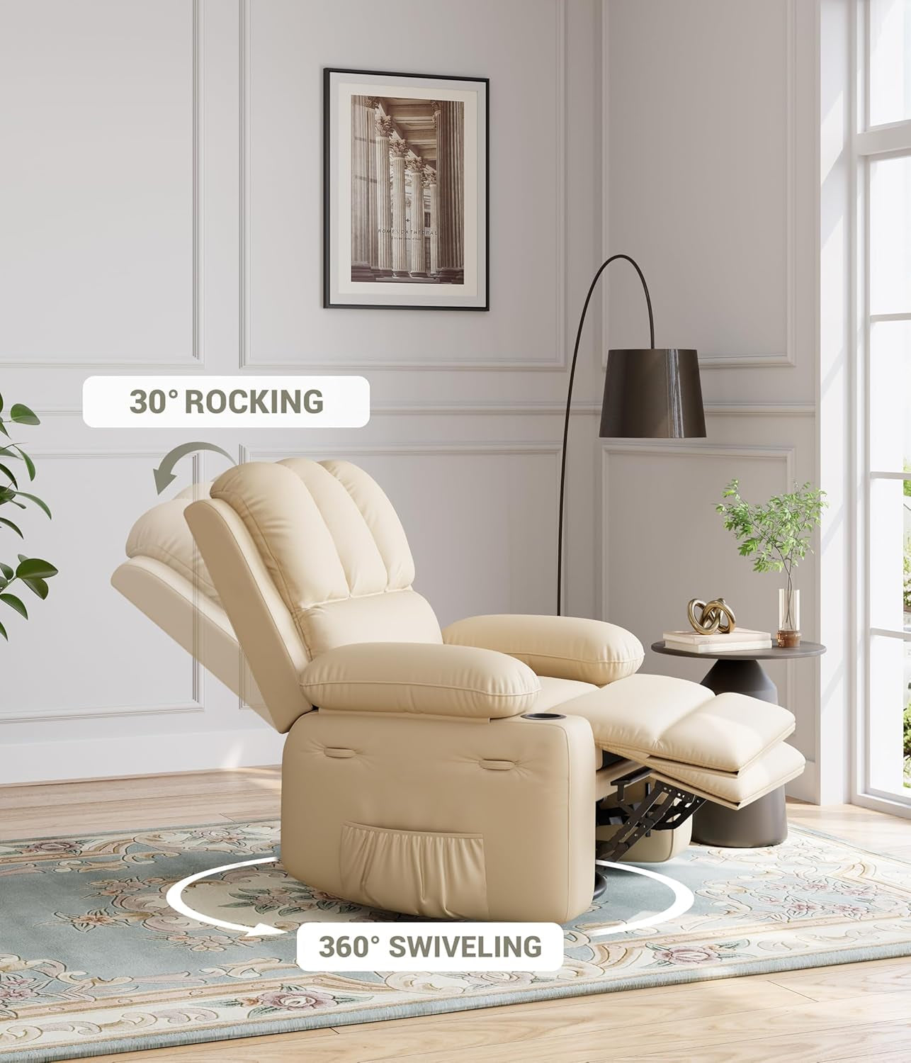 22 Inch Rocker Swivel Recliner Chair With Cup Holder And Plush Sponge Fill Cream