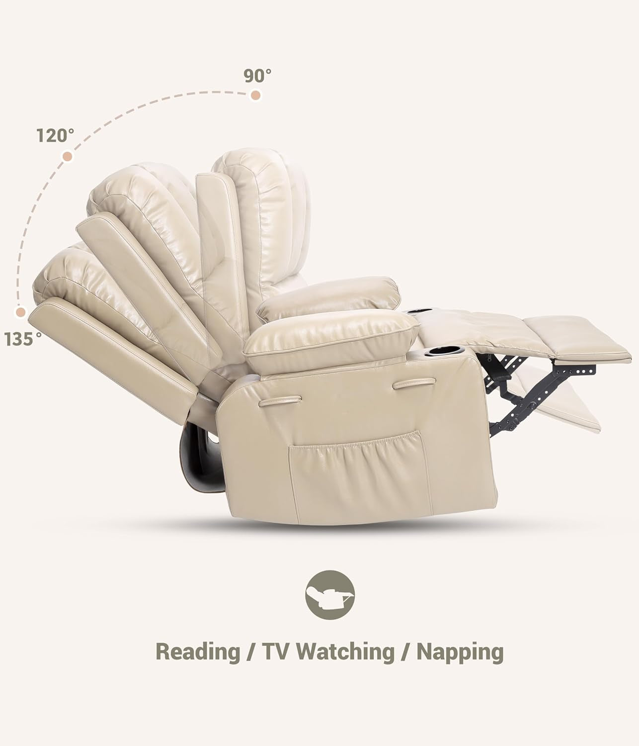 22 Inch Rocker Swivel Recliner Chair With Cup Holder And Plush Sponge Fill Cream