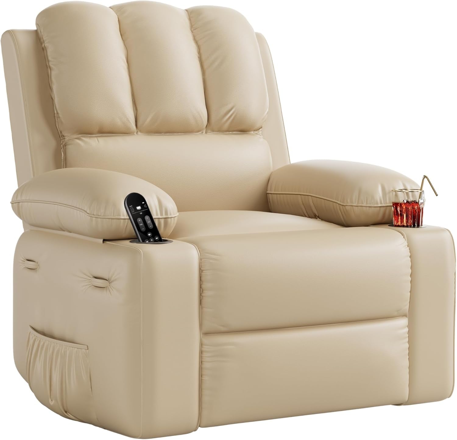 22 Inch Rocker Swivel Recliner Chair With Cup Holder And Plush Sponge Fill Cream
