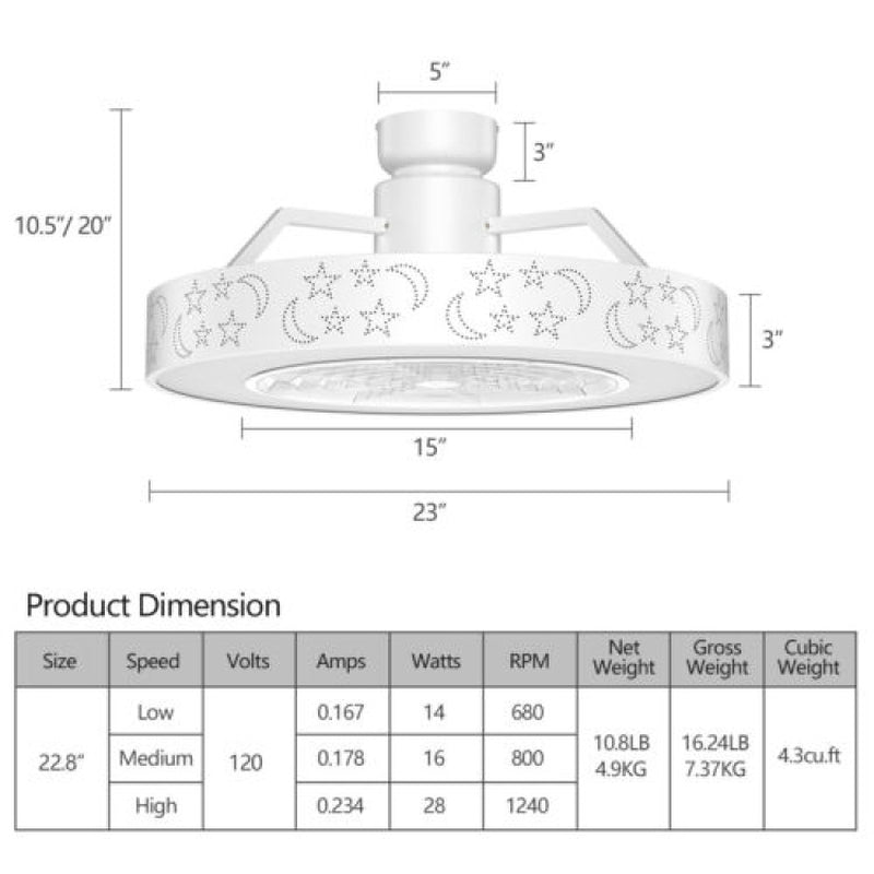 23 Inch Ceiling Fan With LED Light And Remote Control Dimmable Quiet Motor Low Noise