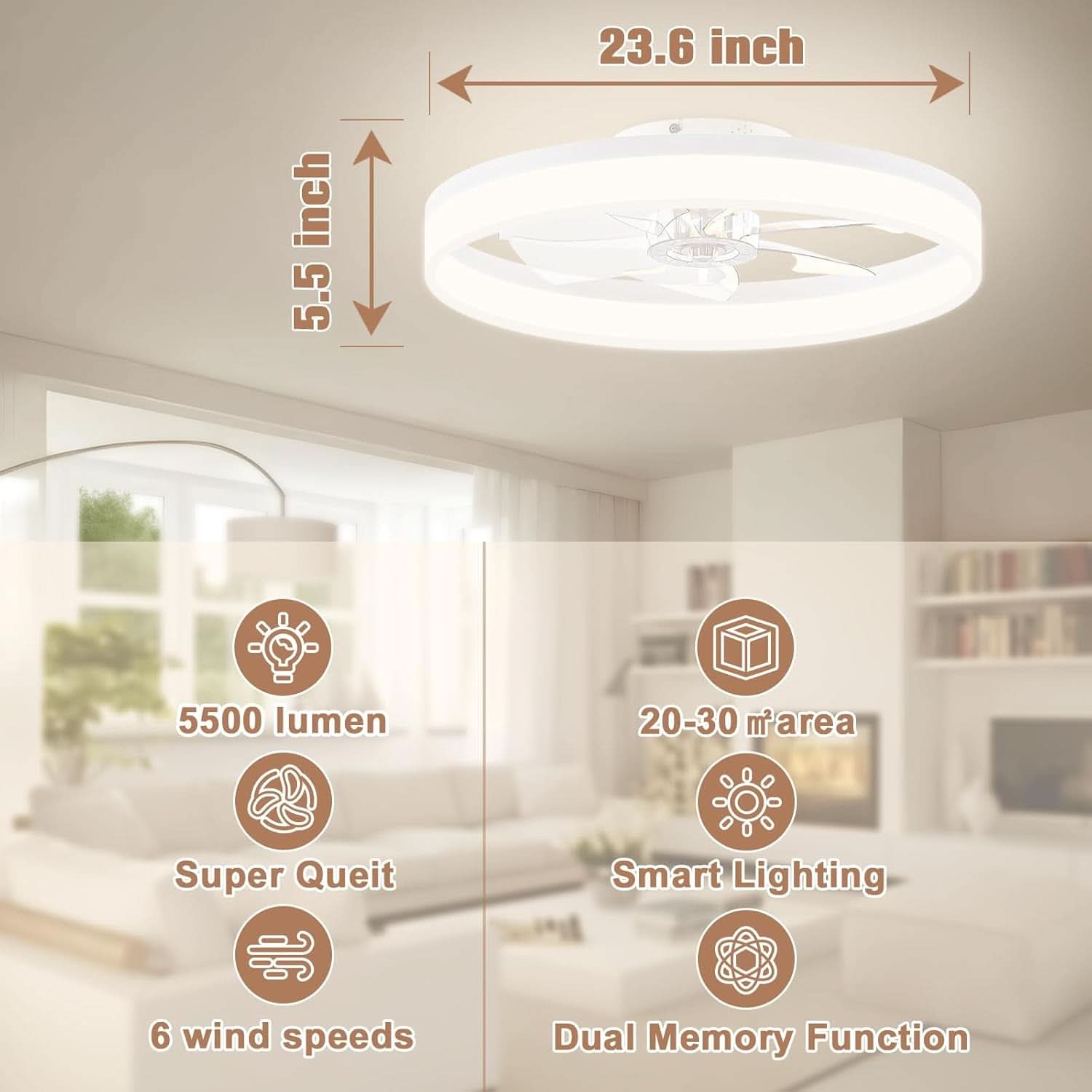 23.6 Inch White Low Profile LED Ceiling Fan Light With Remote Dimmable Color Temperature 3000K To 6500K
