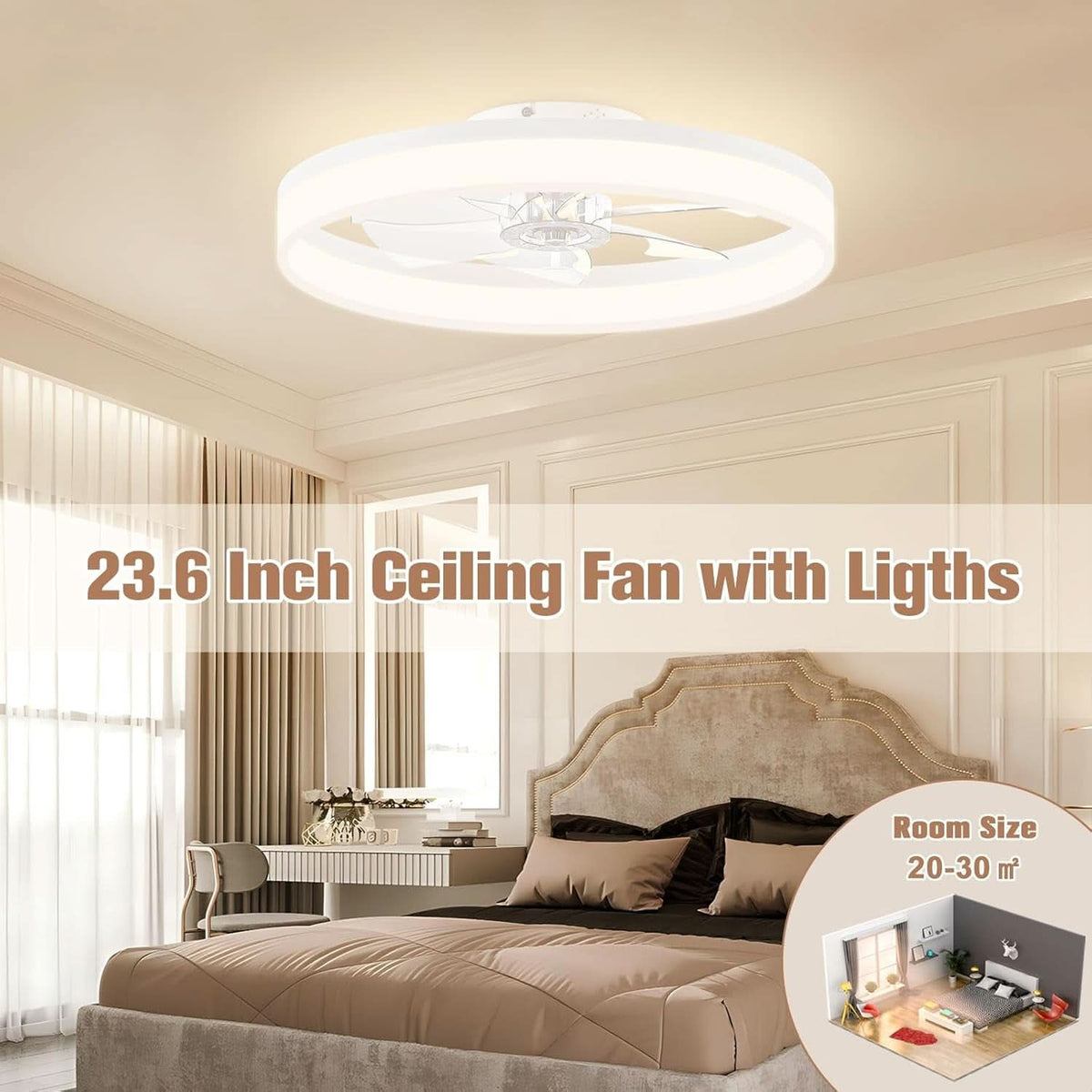 23.6 Inch White Low Profile LED Ceiling Fan Light With Remote Dimmable Color Temperature 3000K To 6500K