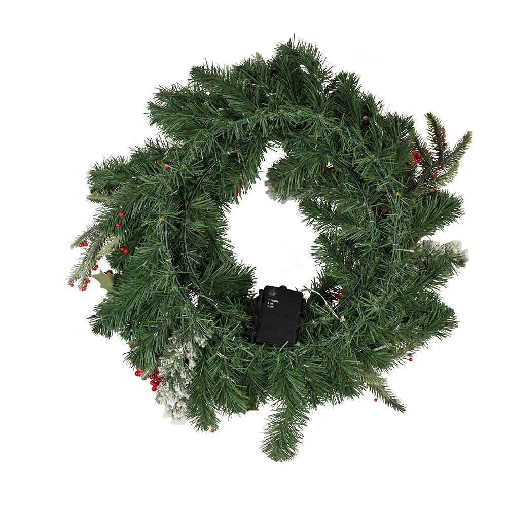 24" Battery-Operated Holly with Berries and Pinecones Pre-Lit LED Wreath