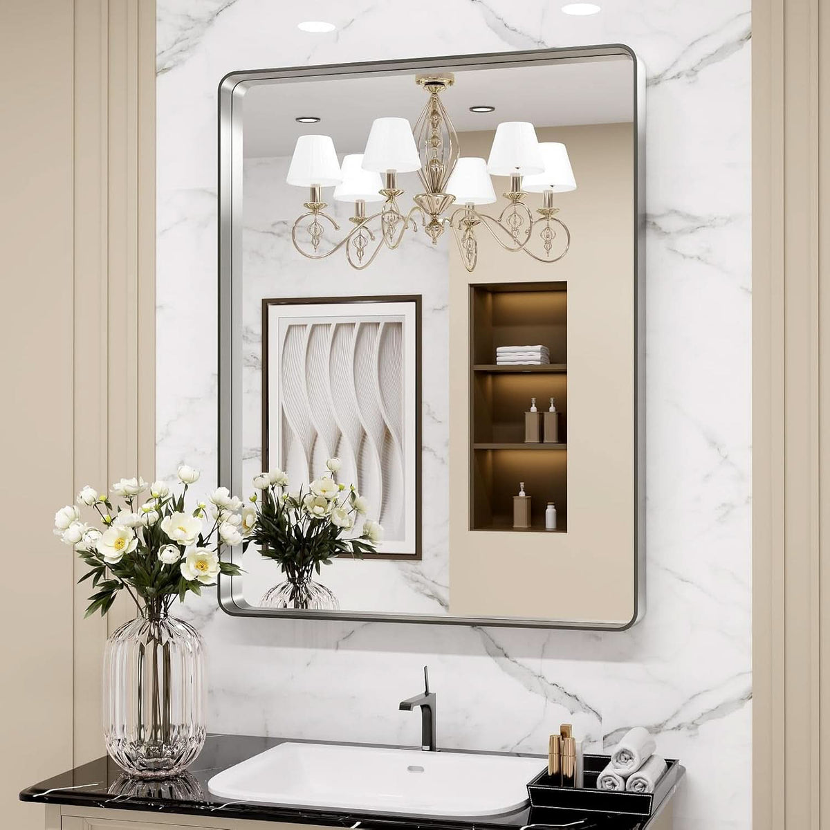 24 By 30 Inch Brushed Nickel Wall Mounted Bathroom Mirror Hangs Horizontally Or Vertically