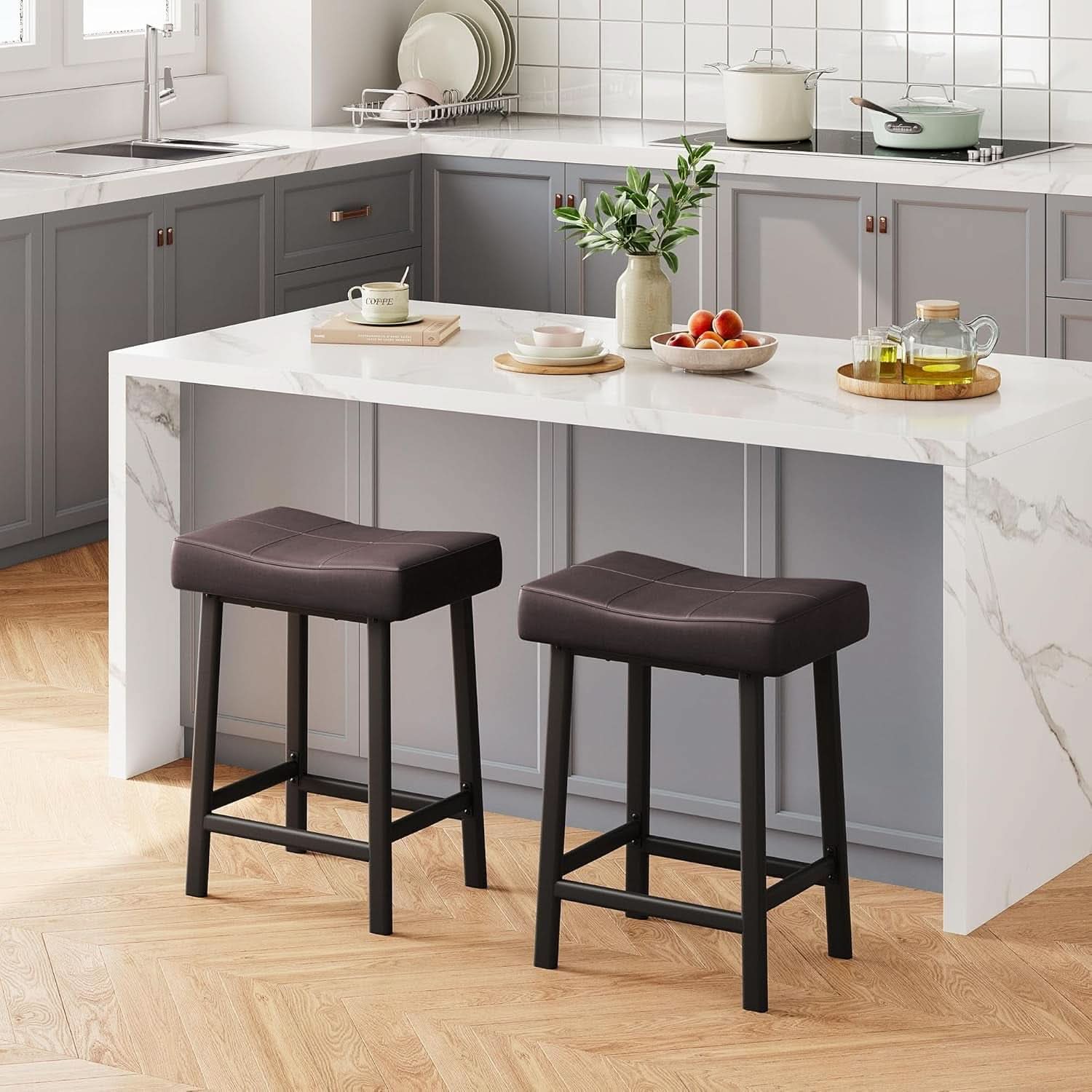 24 Inch Backless Saddle Bar Stools Two Pack, Counter Height Upholstered Padded Seats With Curved Surface, Brown