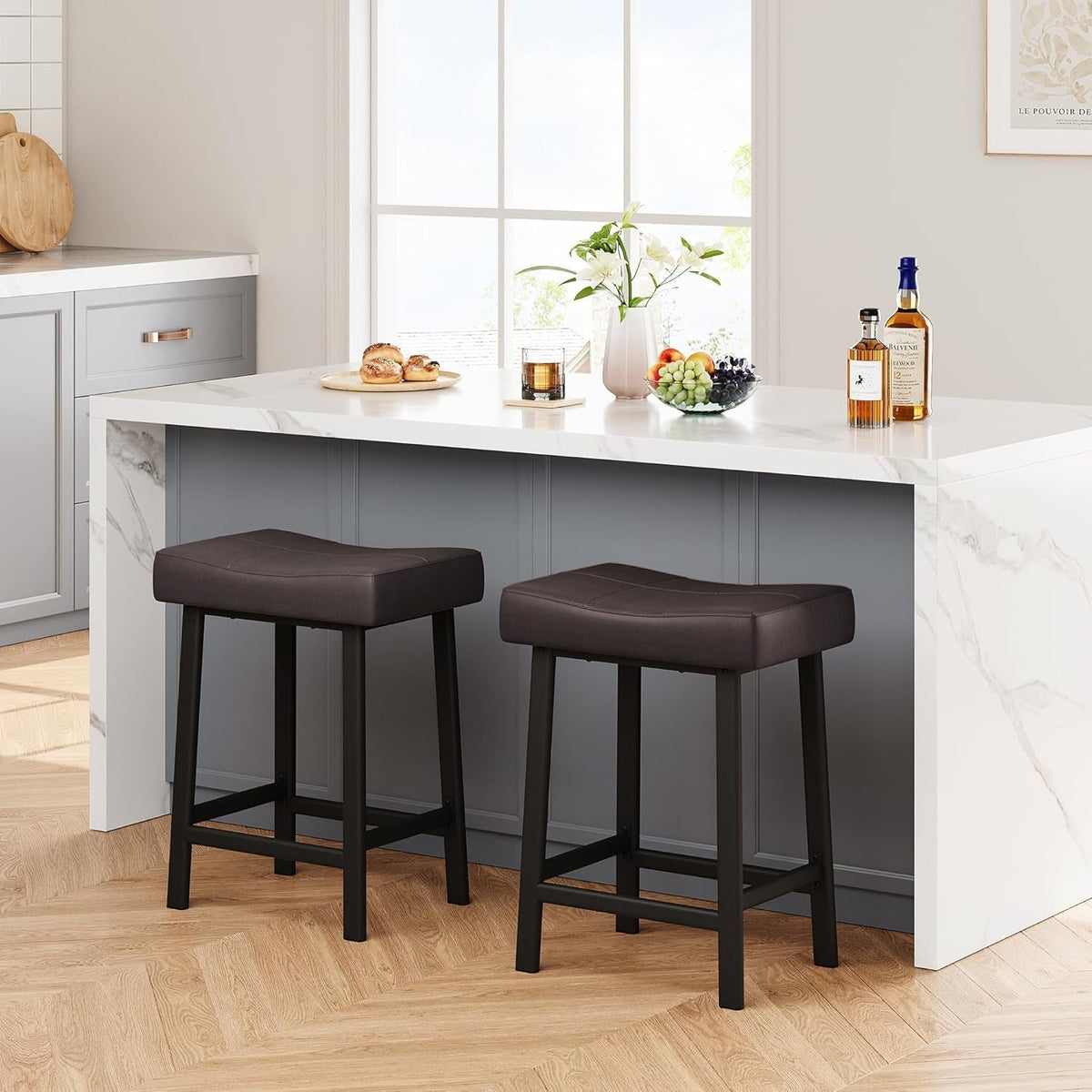 24 Inch Backless Saddle Bar Stools Two Pack, Counter Height Upholstered Padded Seats With Curved Surface, Brown