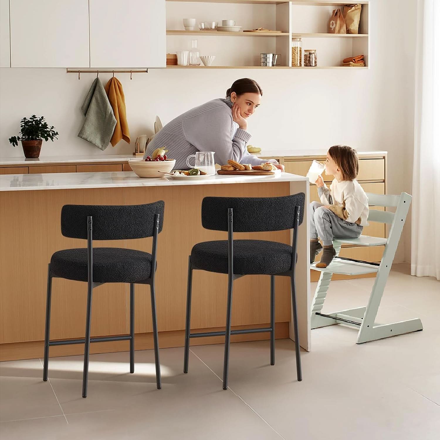 24 Inch Bar Stools Set of 2 Boucle Upholstered Curved Back