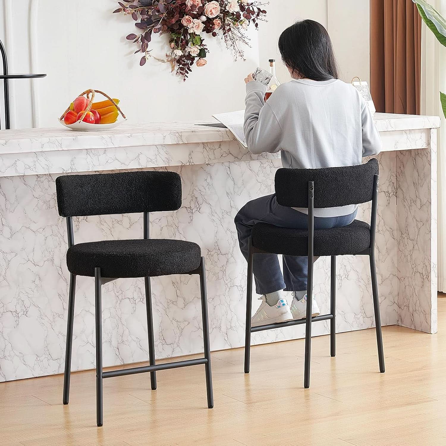 24 Inch Bar Stools Set of 2 Boucle Upholstered Curved Back