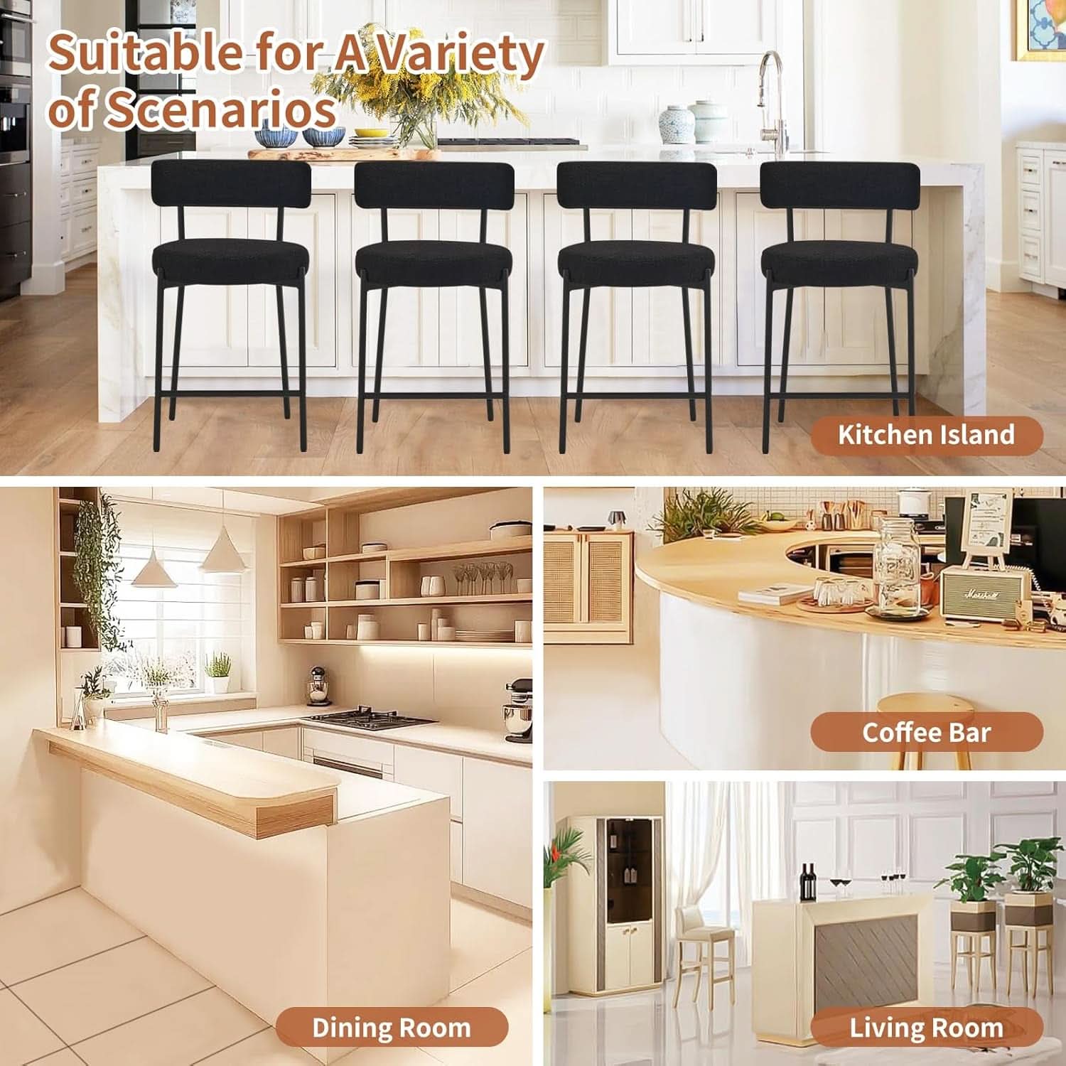 24 Inch Bar Stools Set of 2 Boucle Upholstered Curved Back