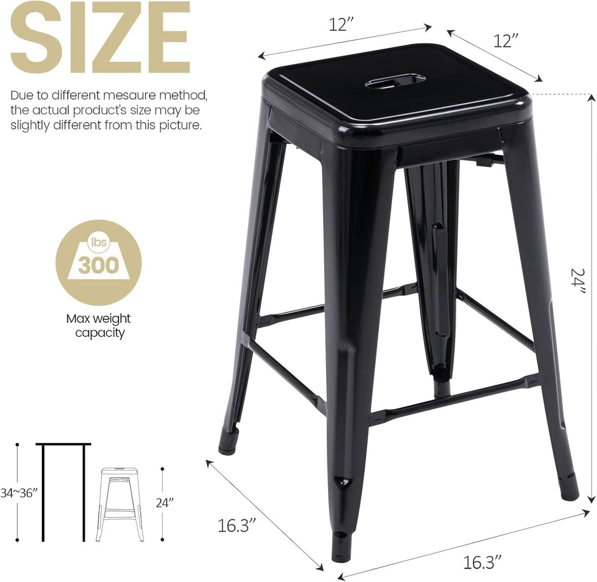 24 Inch Black Metal Bar Stools Set of 2 Backless Indoor Outdoor Square Seat Counter Height