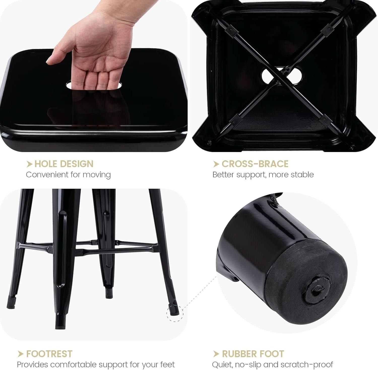 24 Inch Black Metal Bar Stools Set of 2 Backless Indoor Outdoor Square Seat Counter Height