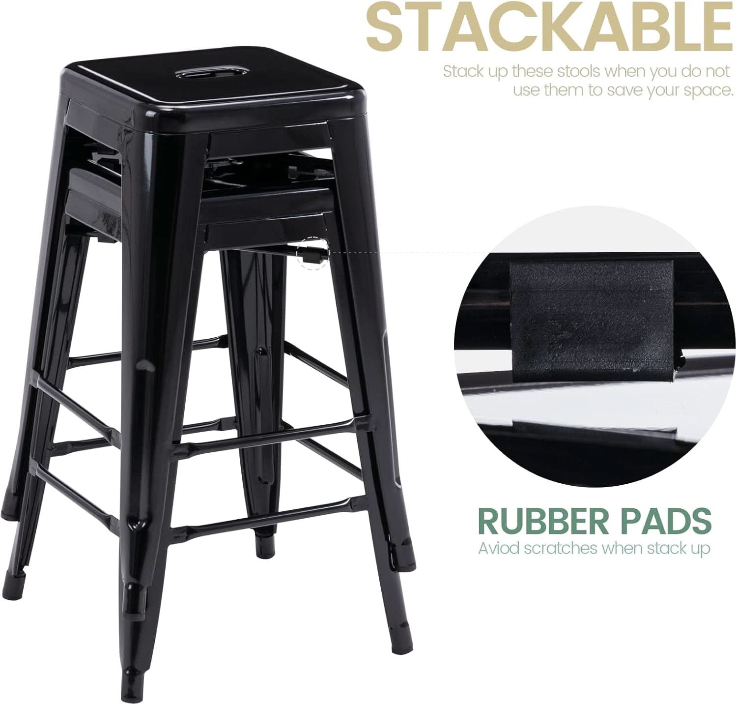 24 Inch Black Metal Bar Stools Set of 2 Backless Indoor Outdoor Square Seat Counter Height