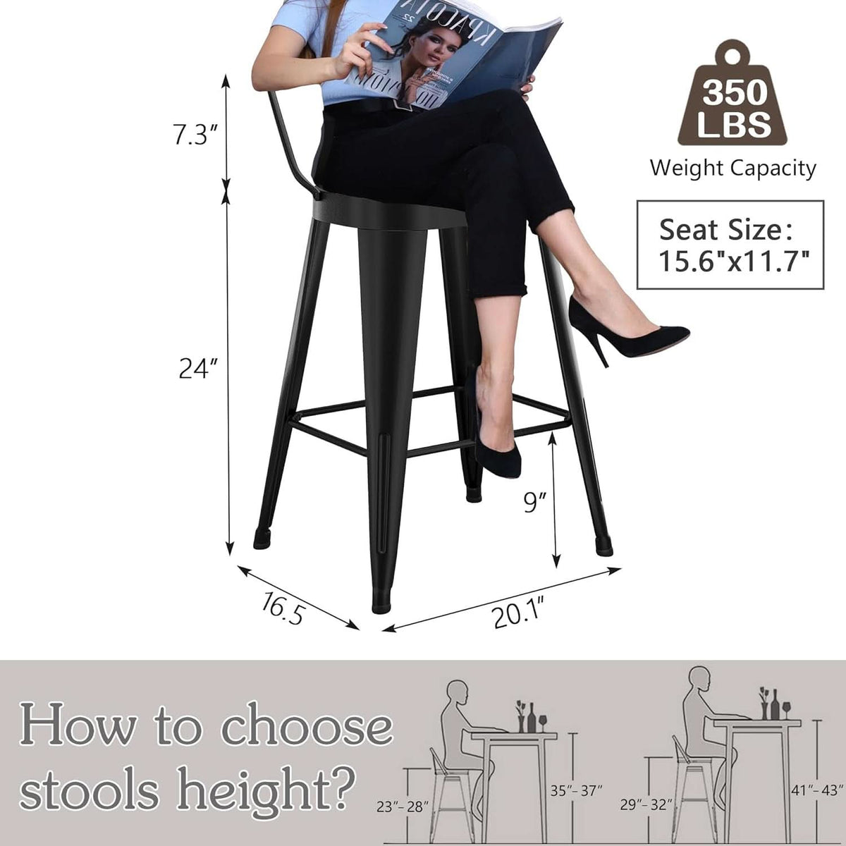 24 Inch Black Outdoor Metal Bar Stools Set of 4 Counter Height Large Ergonomic Seats